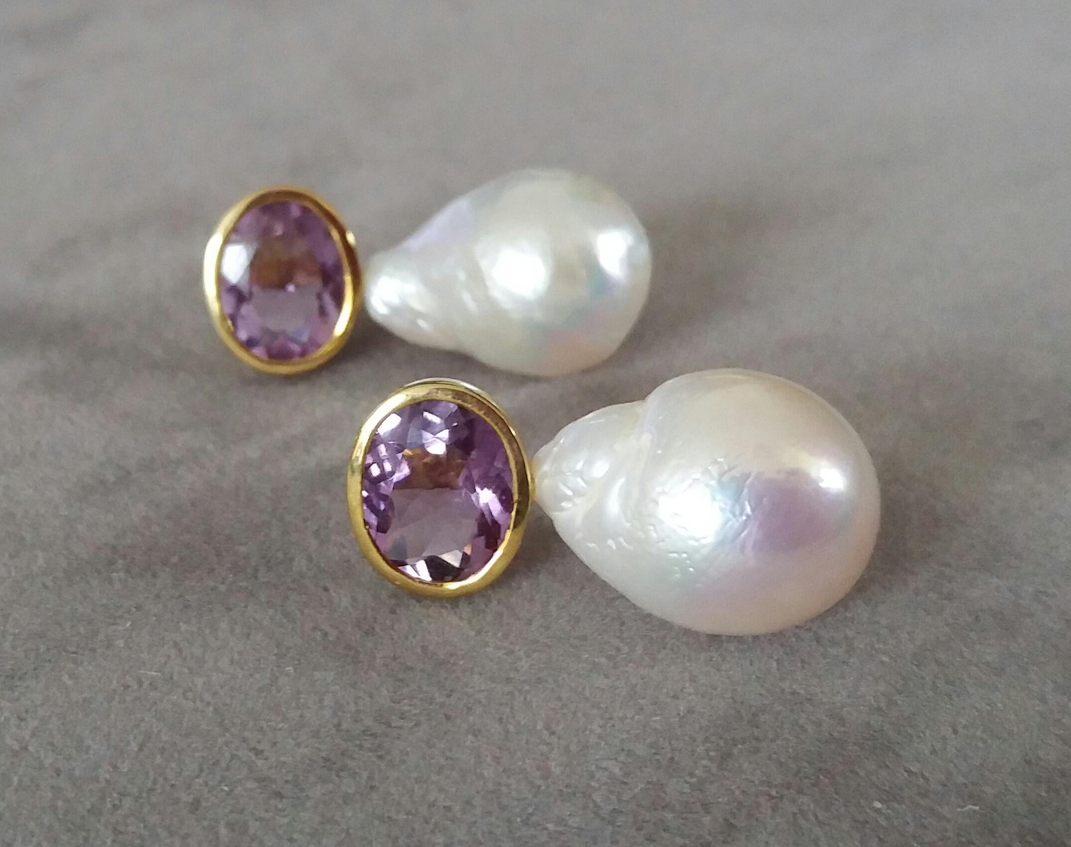 Contemporary Oval Faceted Amethyst 14 Karat Yellow Gold Bezel Baroque Pearls Stud Earrings For Sale