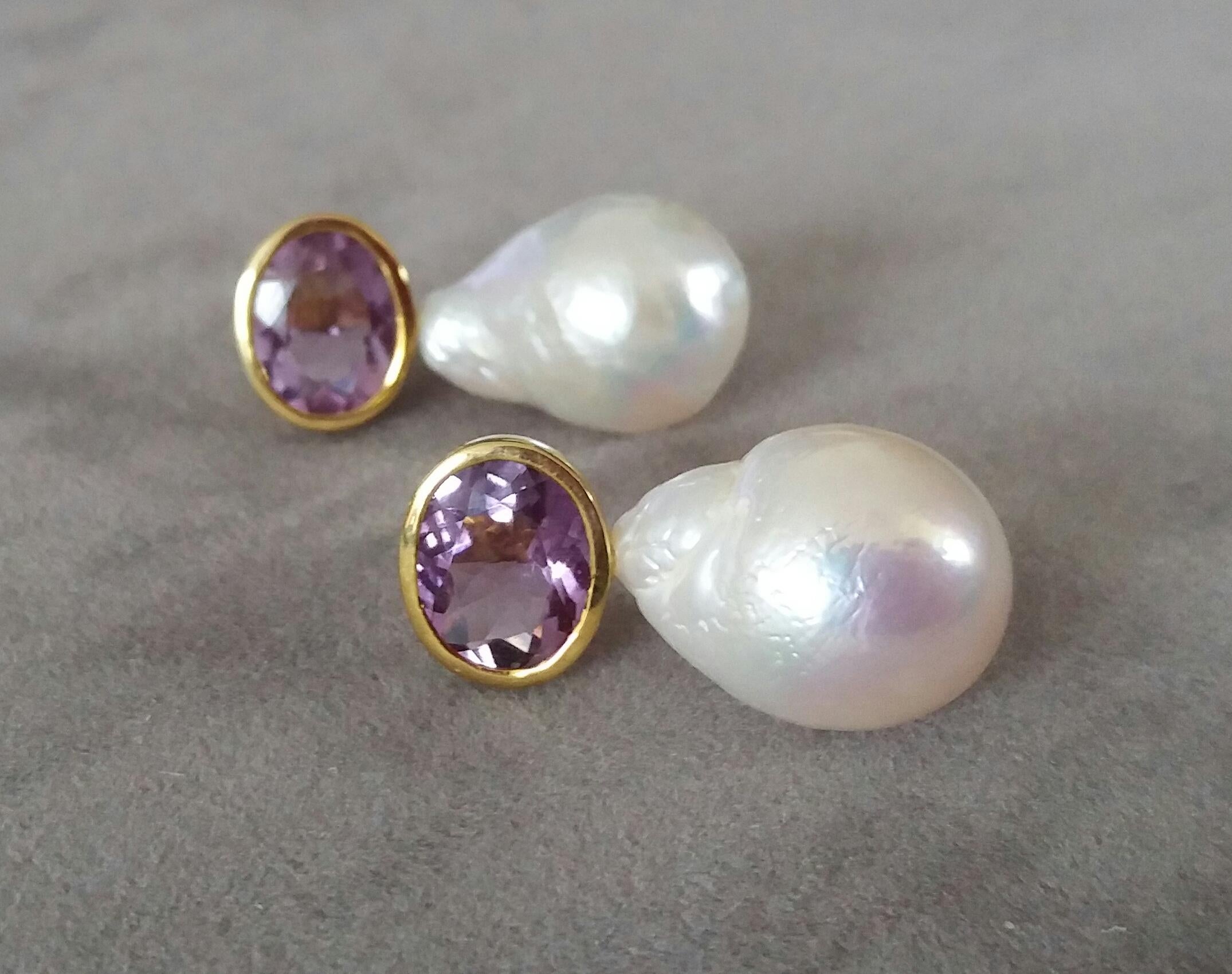 Women's Oval Faceted Amethyst 14 Karat Yellow Gold Bezel Baroque Pearls Stud Earrings For Sale