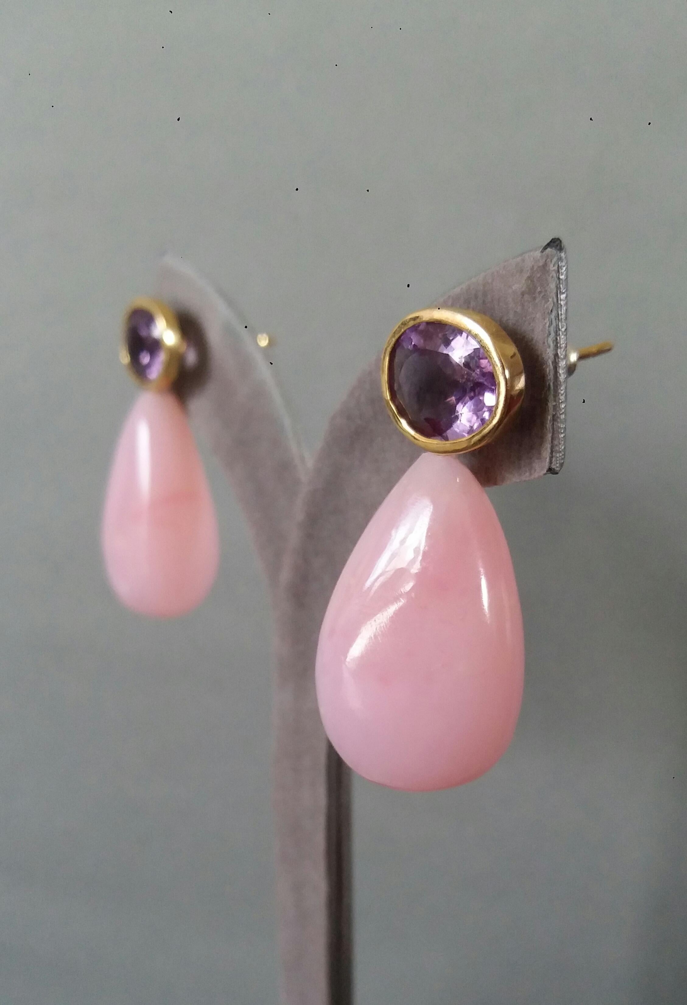 Oval Faceted Amethyst 14 Karat Yellow Gold Bezel Pink Opal Plain Drops Earrings For Sale 4