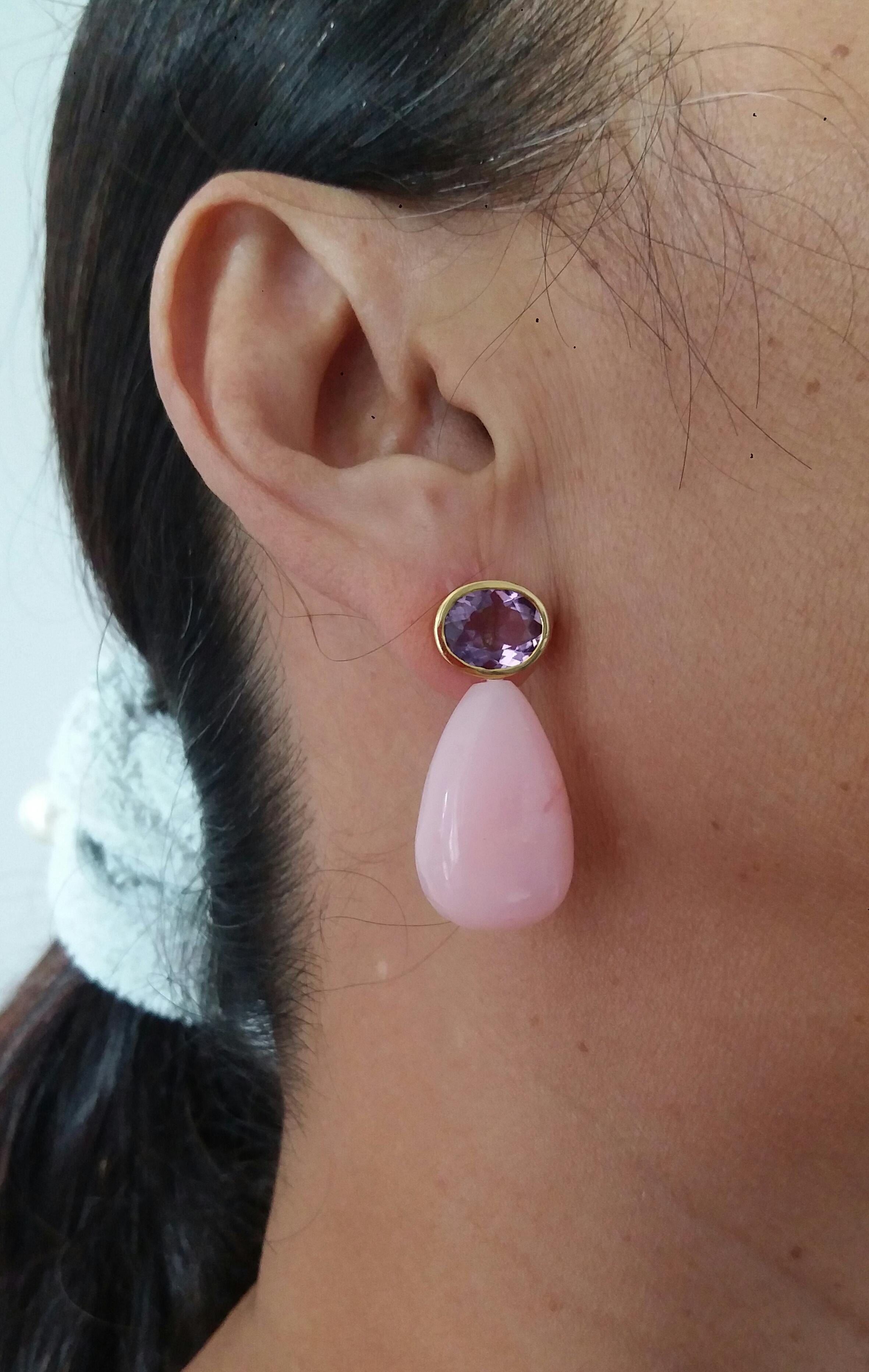 Oval Faceted Amethyst 14 Karat Yellow Gold Bezel Pink Opal Plain Drops Earrings For Sale 5