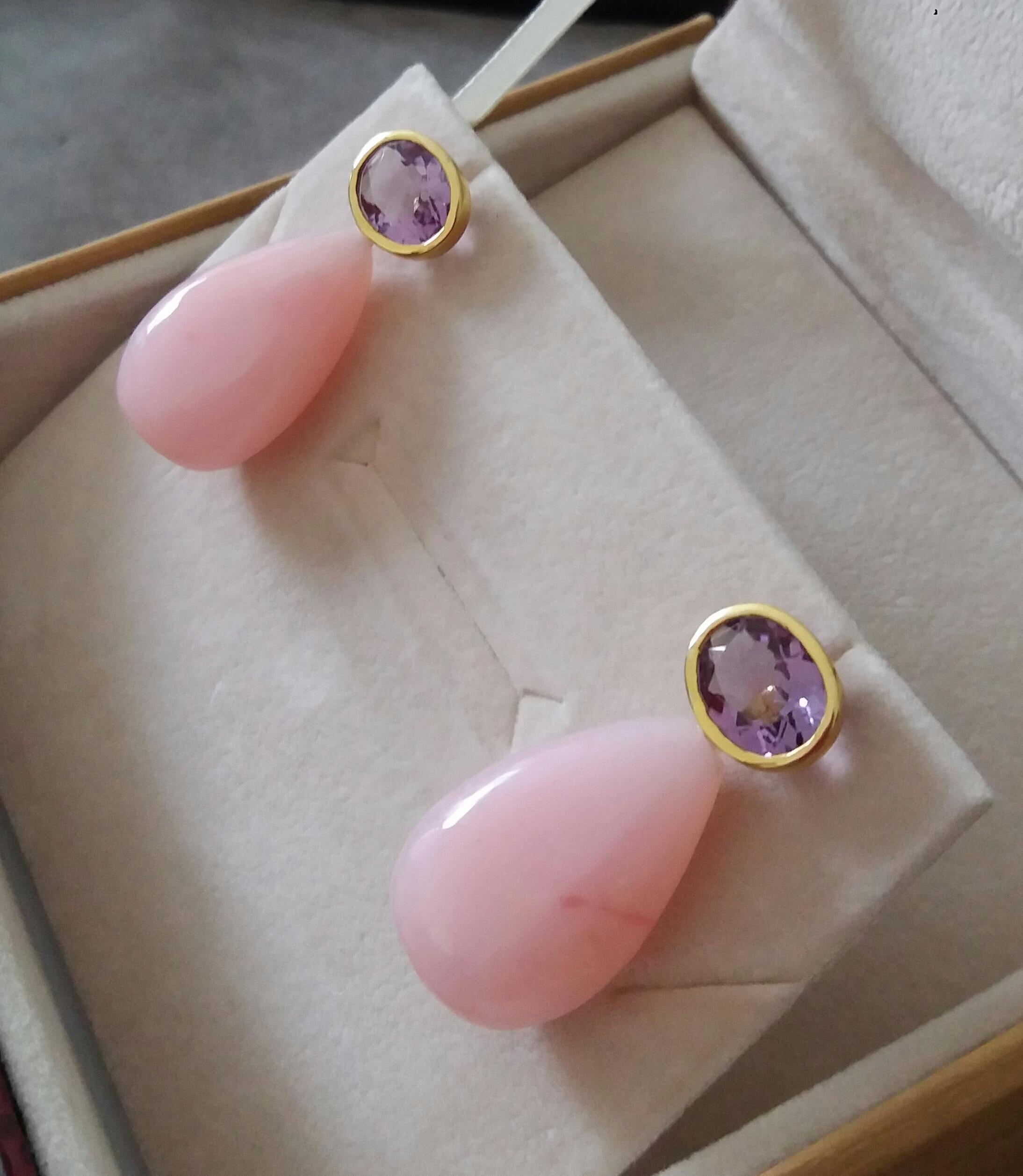 Contemporary Oval Faceted Amethyst 14 Karat Yellow Gold Bezel Pink Opal Plain Drops Earrings For Sale