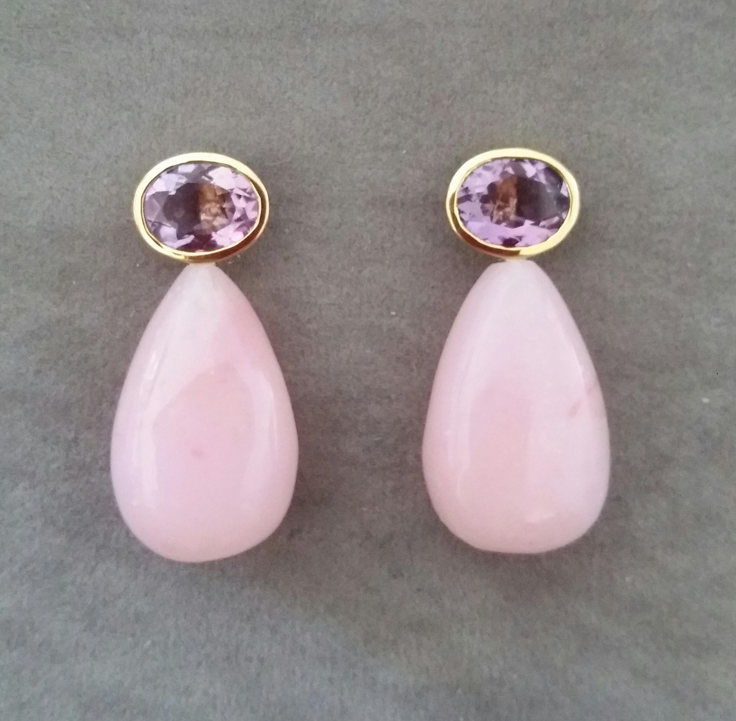 Mixed Cut Oval Faceted Amethyst 14 Karat Yellow Gold Bezel Pink Opal Plain Drops Earrings For Sale