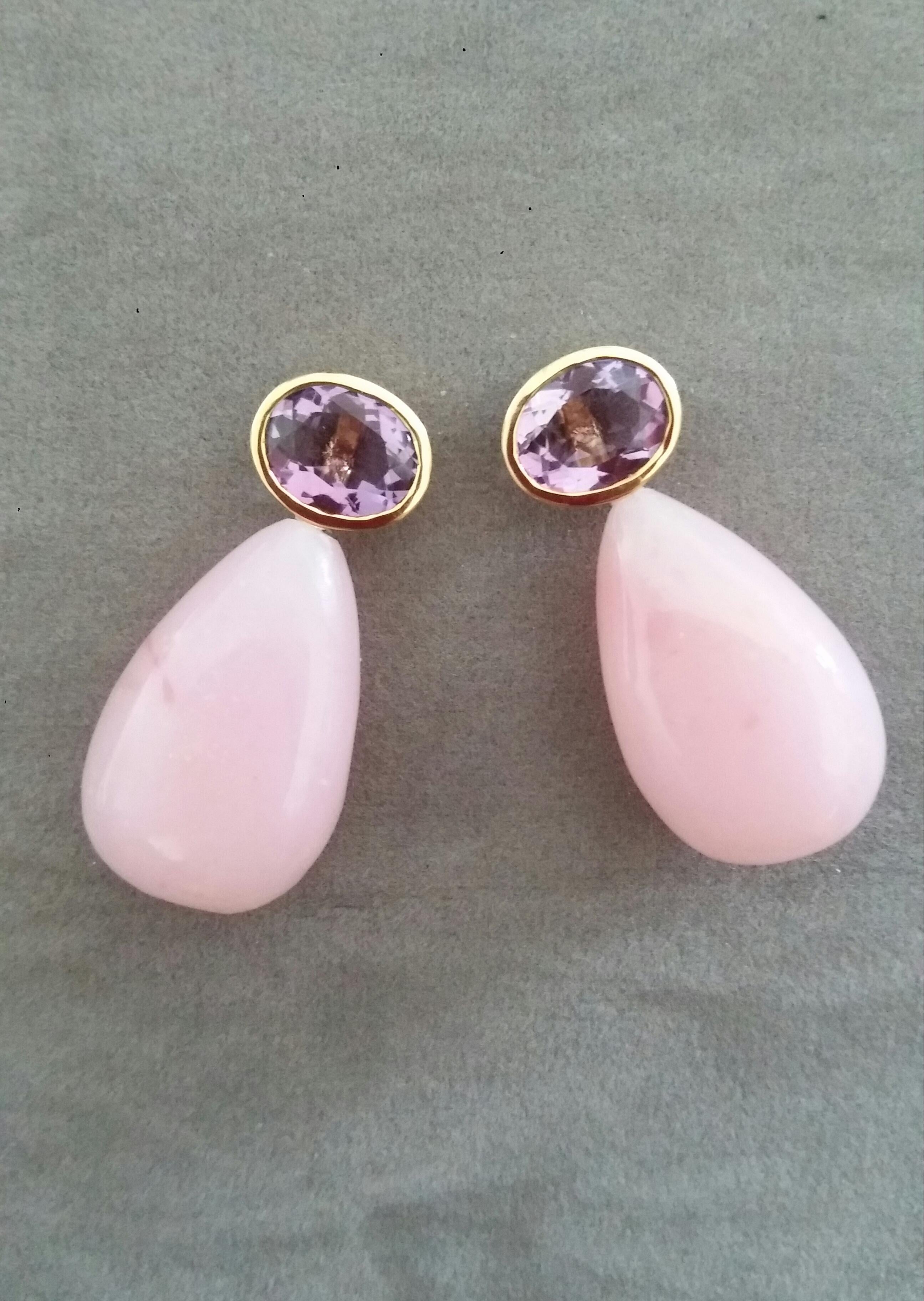 Women's Oval Faceted Amethyst 14 Karat Yellow Gold Bezel Pink Opal Plain Drops Earrings For Sale