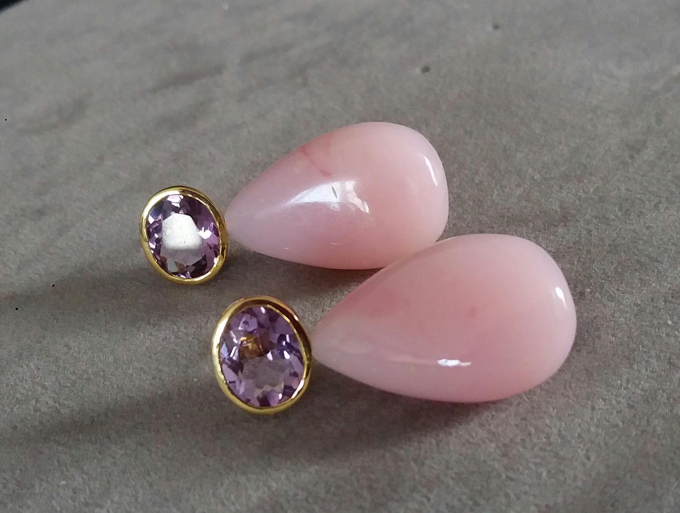 Oval Faceted Amethyst 14 Karat Yellow Gold Bezel Pink Opal Plain Drops Earrings For Sale 1