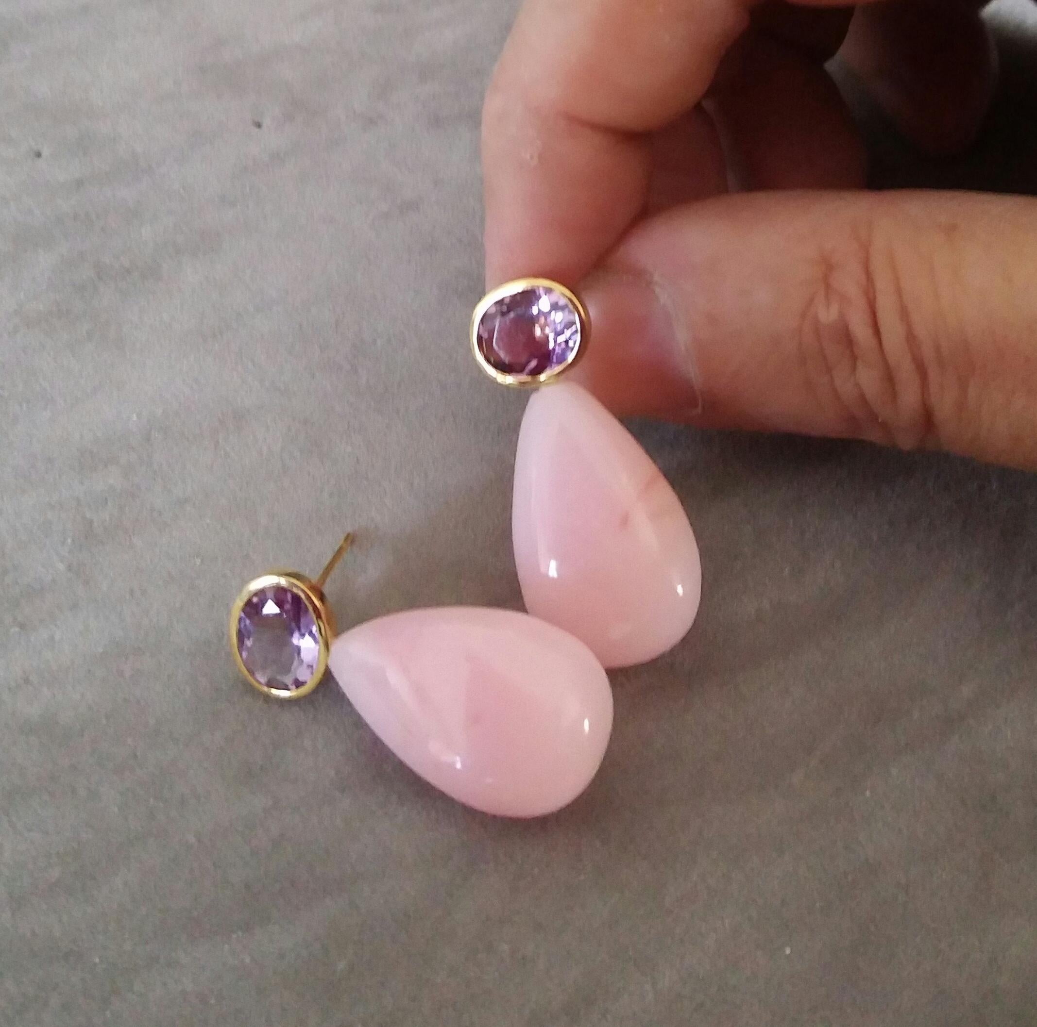 Oval Faceted Amethyst 14 Karat Yellow Gold Bezel Pink Opal Plain Drops Earrings For Sale 2