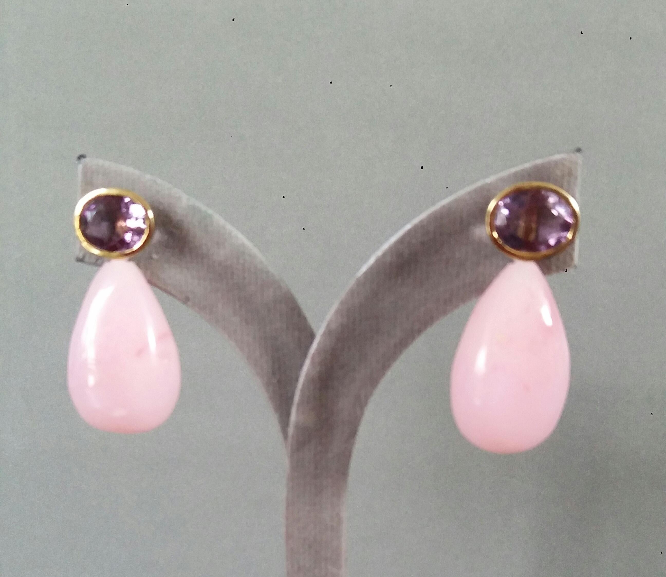 Oval Faceted Amethyst 14 Karat Yellow Gold Bezel Pink Opal Plain Drops Earrings For Sale 3