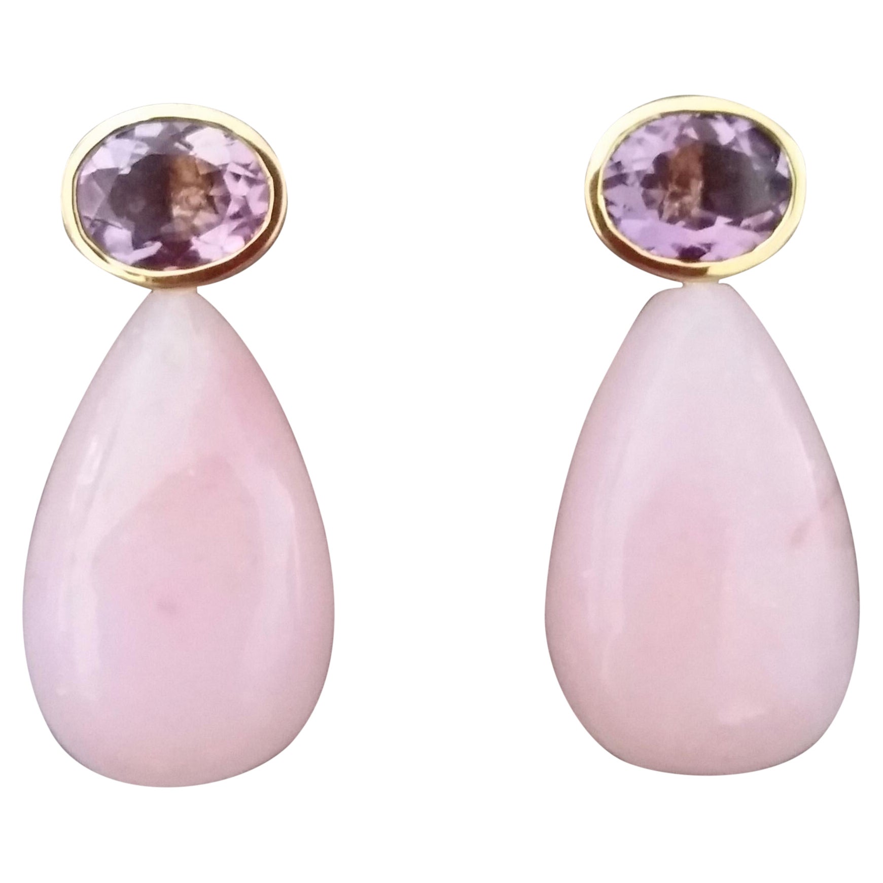 Orecchini ovali sfaccettati in ametista, oro giallo 14 carati, con castone in opale rosa e gocce semplici