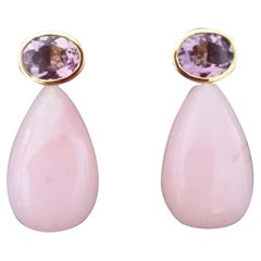 Orecchini ovali sfaccettati in ametista, oro giallo 14 carati, con castone in opale rosa e gocce semplici