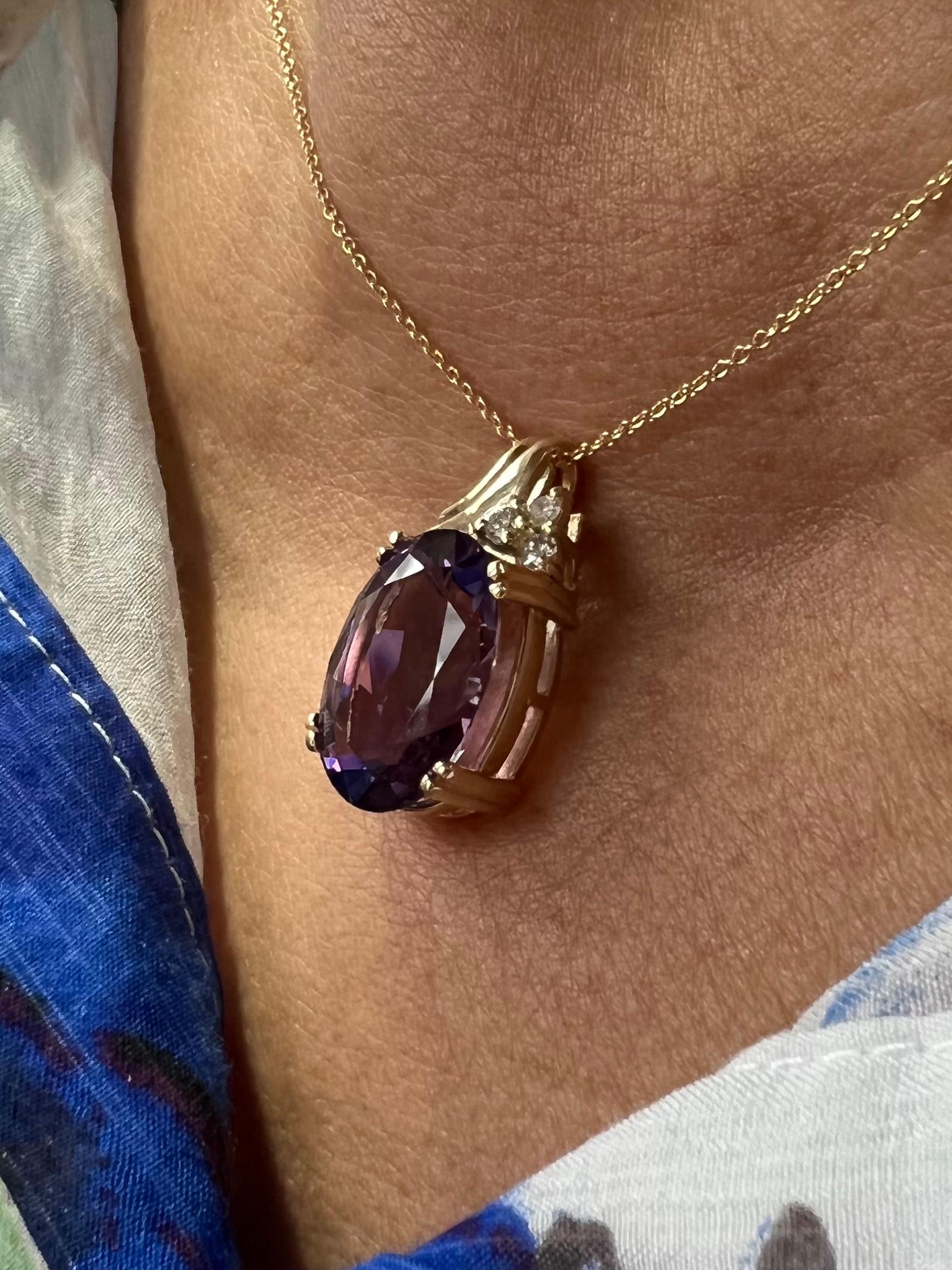 Contemporary Oval Faceted Amethyst Diamond 14k Yellow Gold Pendant For Sale