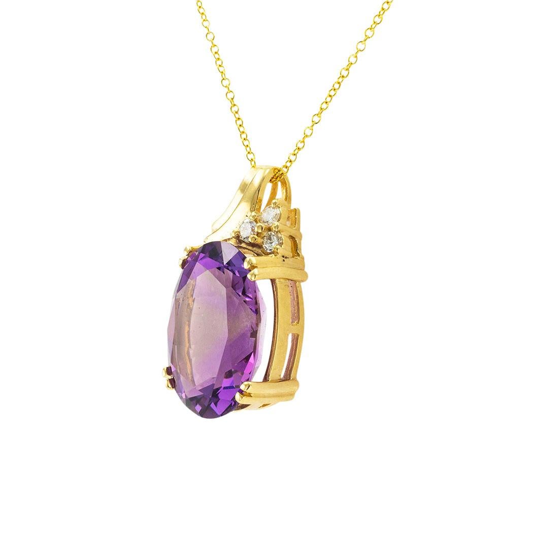 Women's Oval Faceted Amethyst Diamond 14k Yellow Gold Pendant For Sale
