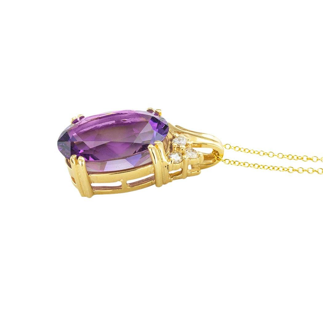 Oval Faceted Amethyst Diamond 14k Yellow Gold Pendant For Sale 1