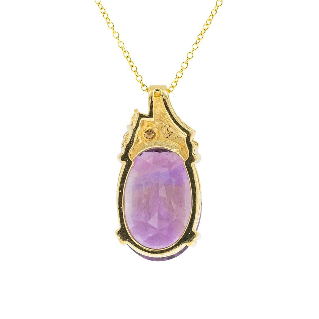 Oval Faceted Amethyst Diamond 14k Yellow Gold Pendant For Sale 2
