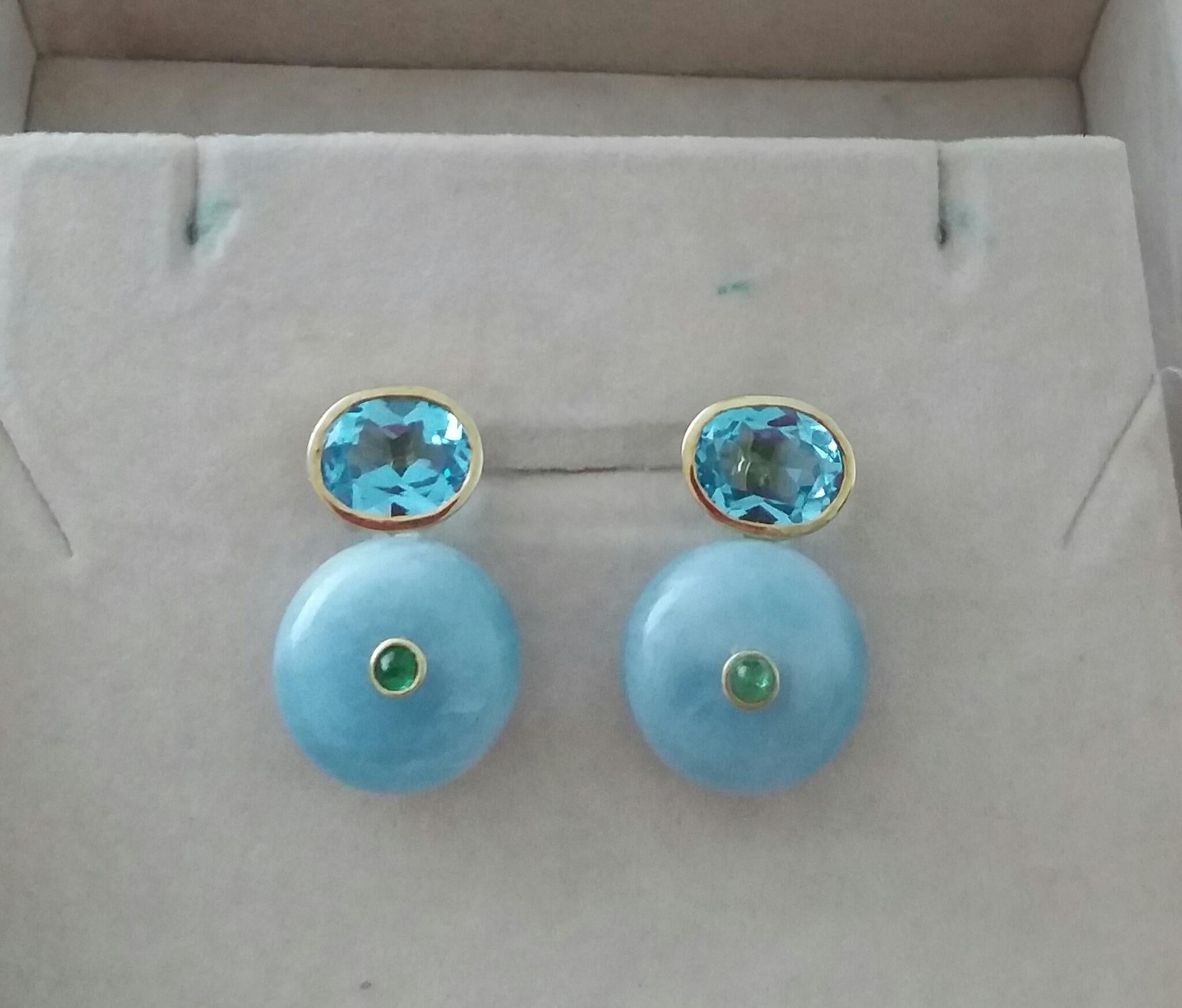 Oval Faceted Blue Topaz  Emerald 14K Gold Wheel Shape Aquamarine Stud Earrings For Sale 3