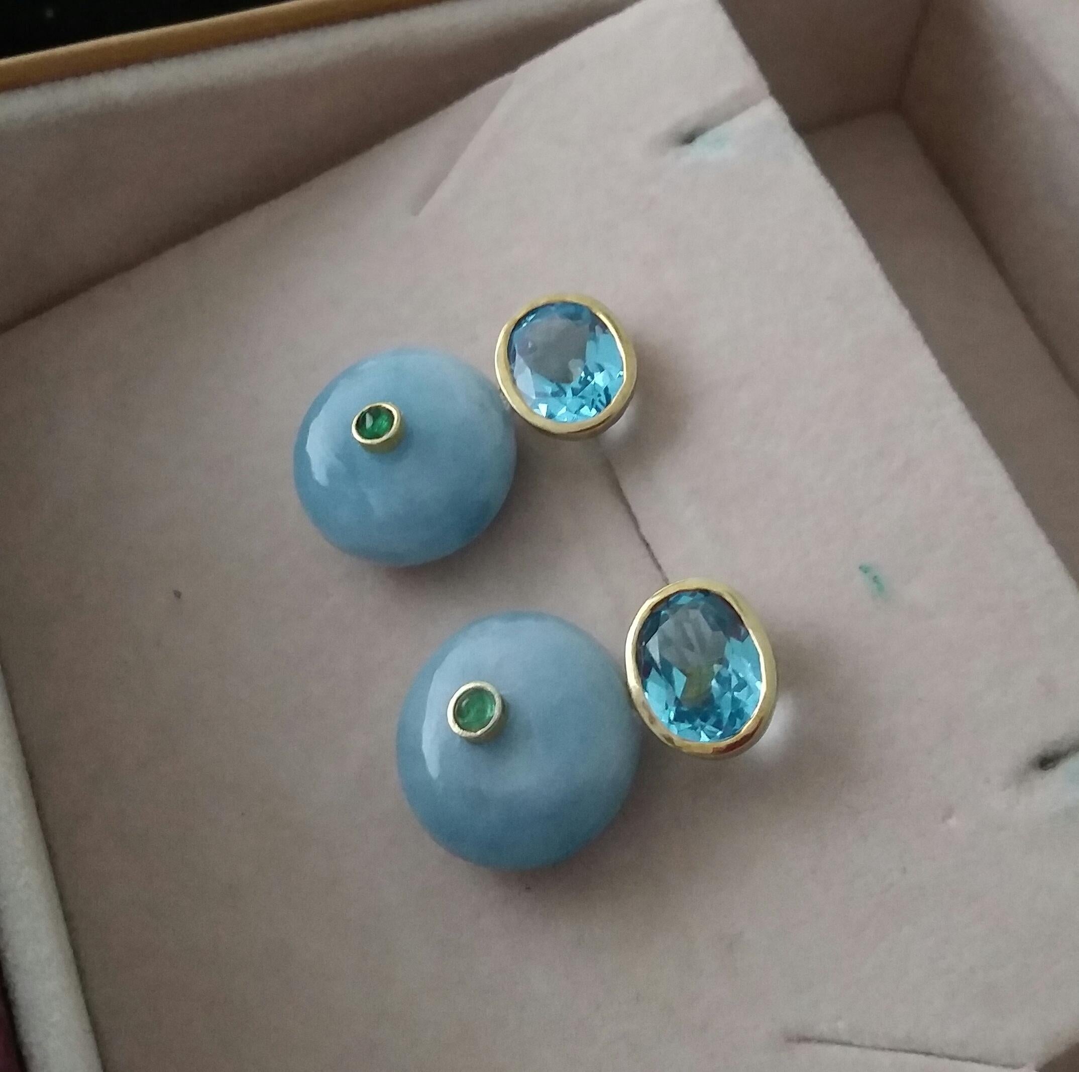 Oval Faceted Blue Topaz  Emerald 14K Gold Wheel Shape Aquamarine Stud Earrings For Sale 4