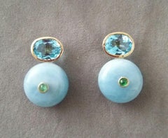 Oval Faceted Blue Topaz  Emerald 14K Gold Wheel Shape Aquamarine Stud Earrings