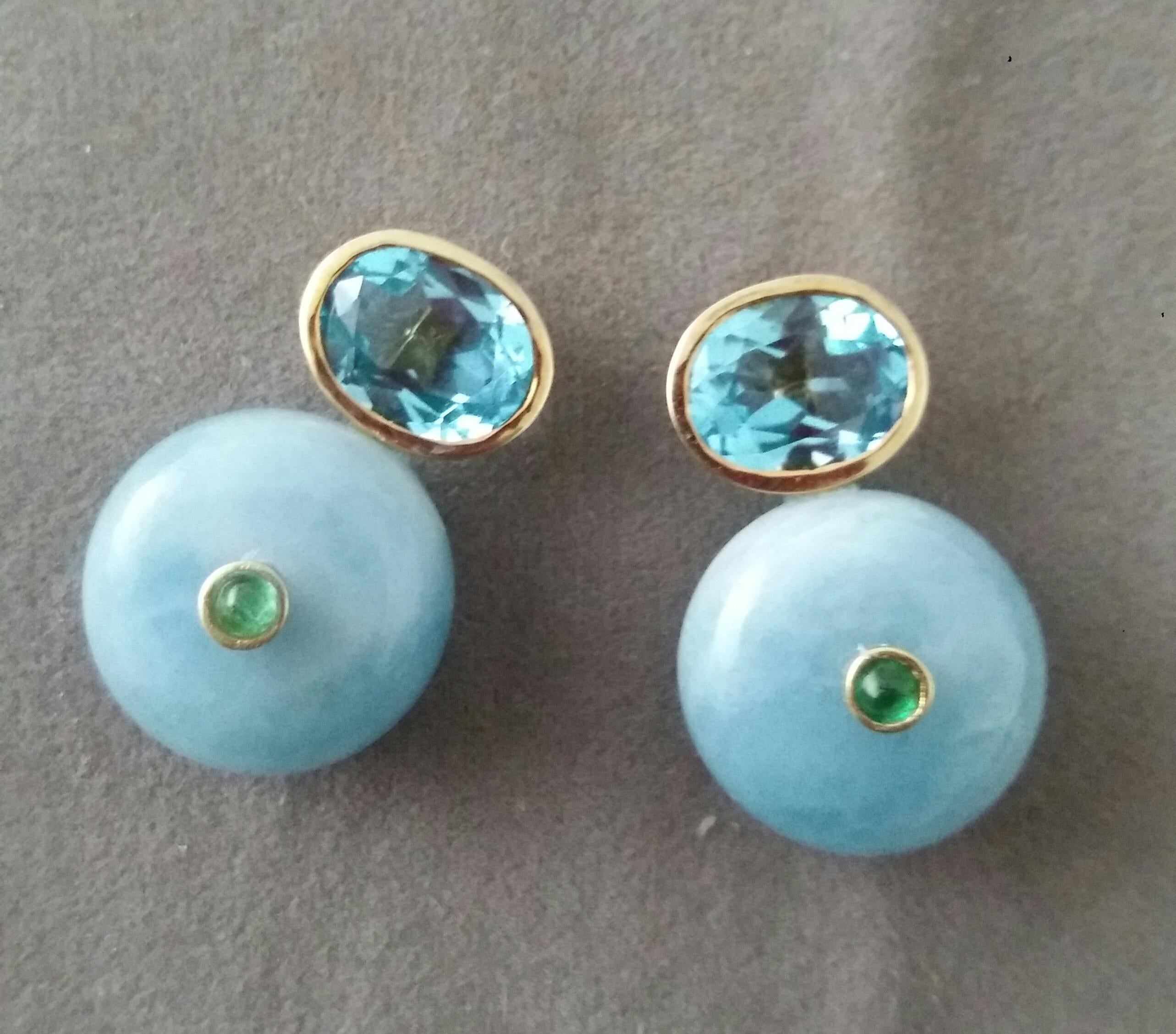 Arts and Crafts Oval Faceted Blue Topaz  Emerald 14K Gold Wheel Shape Aquamarine Stud Earrings For Sale