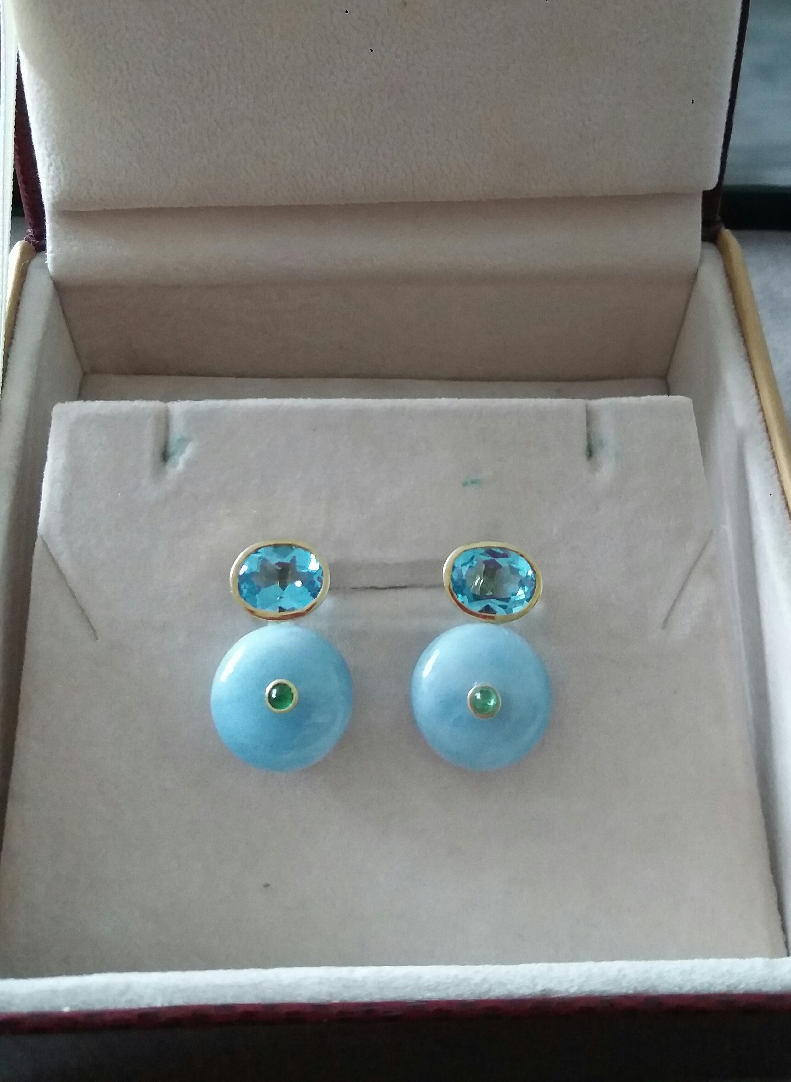 Oval Faceted Blue Topaz  Emerald 14K Gold Wheel Shape Aquamarine Stud Earrings For Sale 2