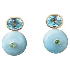 Oval Faceted Blue Topaz  Emerald 14K Gold Wheel Shape Aquamarine Stud Earrings