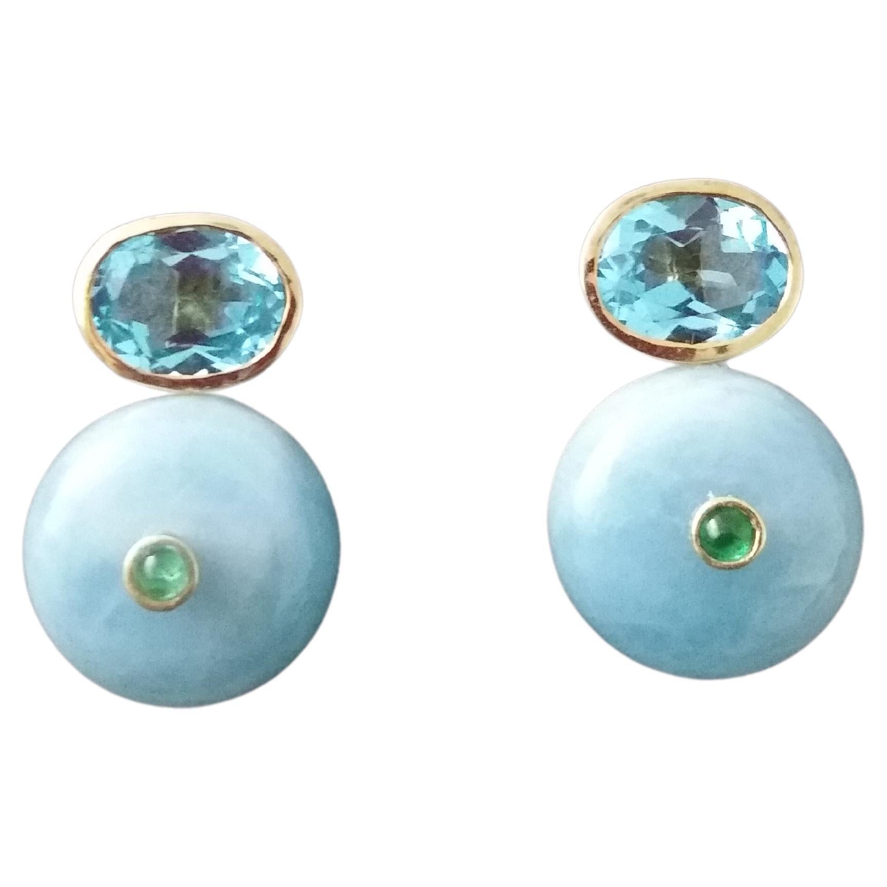 Oval Faceted Blue Topaz  Emerald 14K Gold Wheel Shape Aquamarine Stud Earrings For Sale