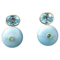 Vintage Oval Faceted Blue Topaz  Emerald 14K Gold Wheel Shape Aquamarine Stud Earrings