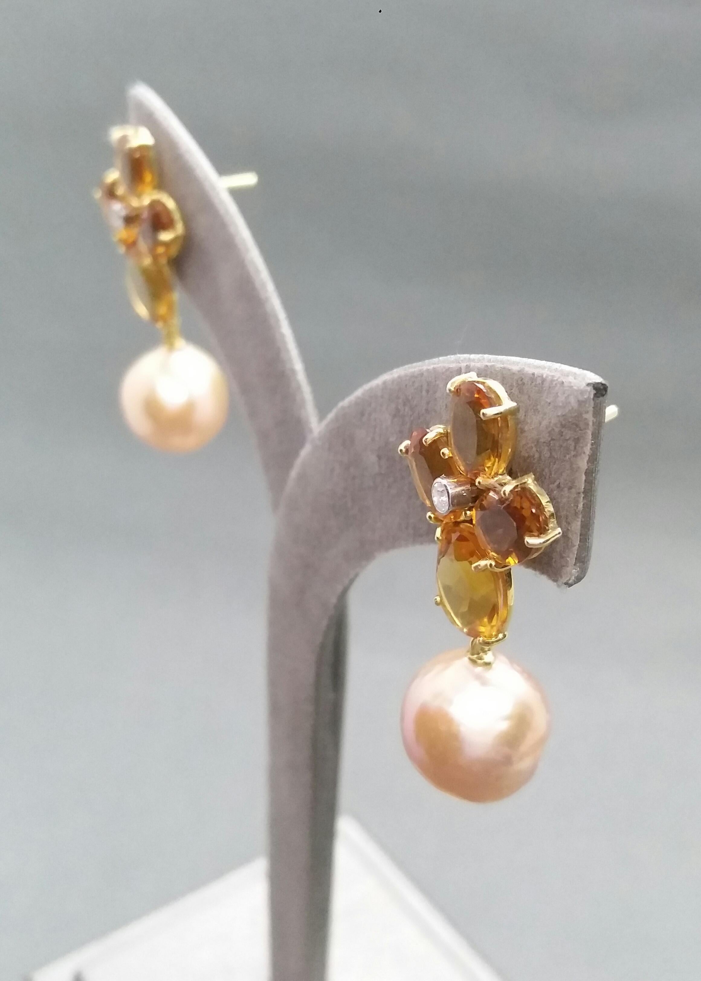 Oval Faceted Citrine Gold Diamonds Natural Cream Color Baroque Pearls Earrings 2