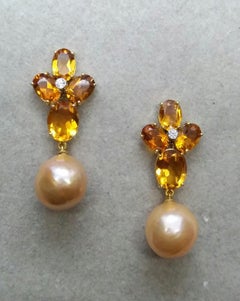 Oval Faceted Citrine Gold Diamonds Natural Cream Color Baroque Pearls Earrings