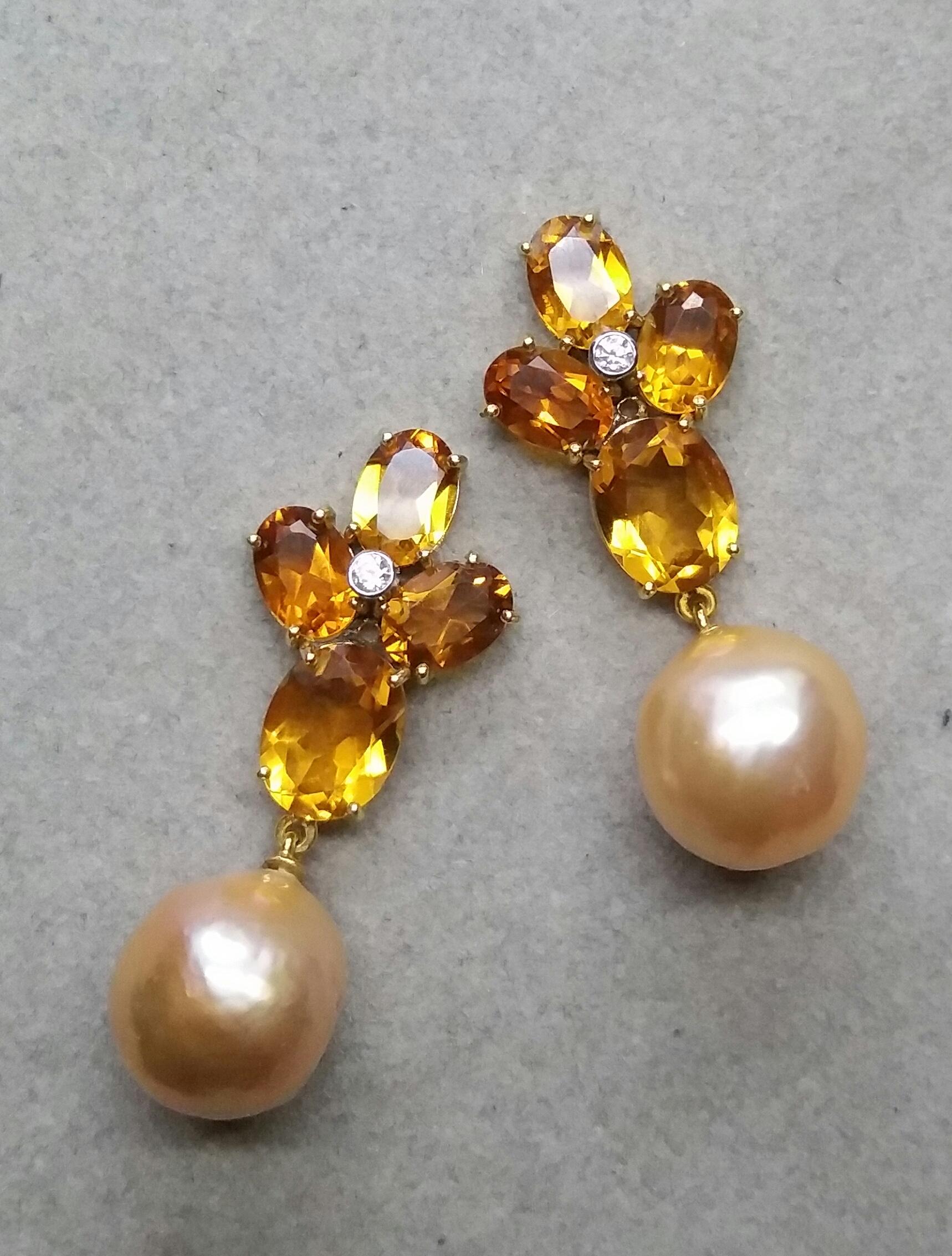 Contemporary Oval Faceted Citrine Gold Diamonds Natural Cream Color Baroque Pearls Earrings For Sale