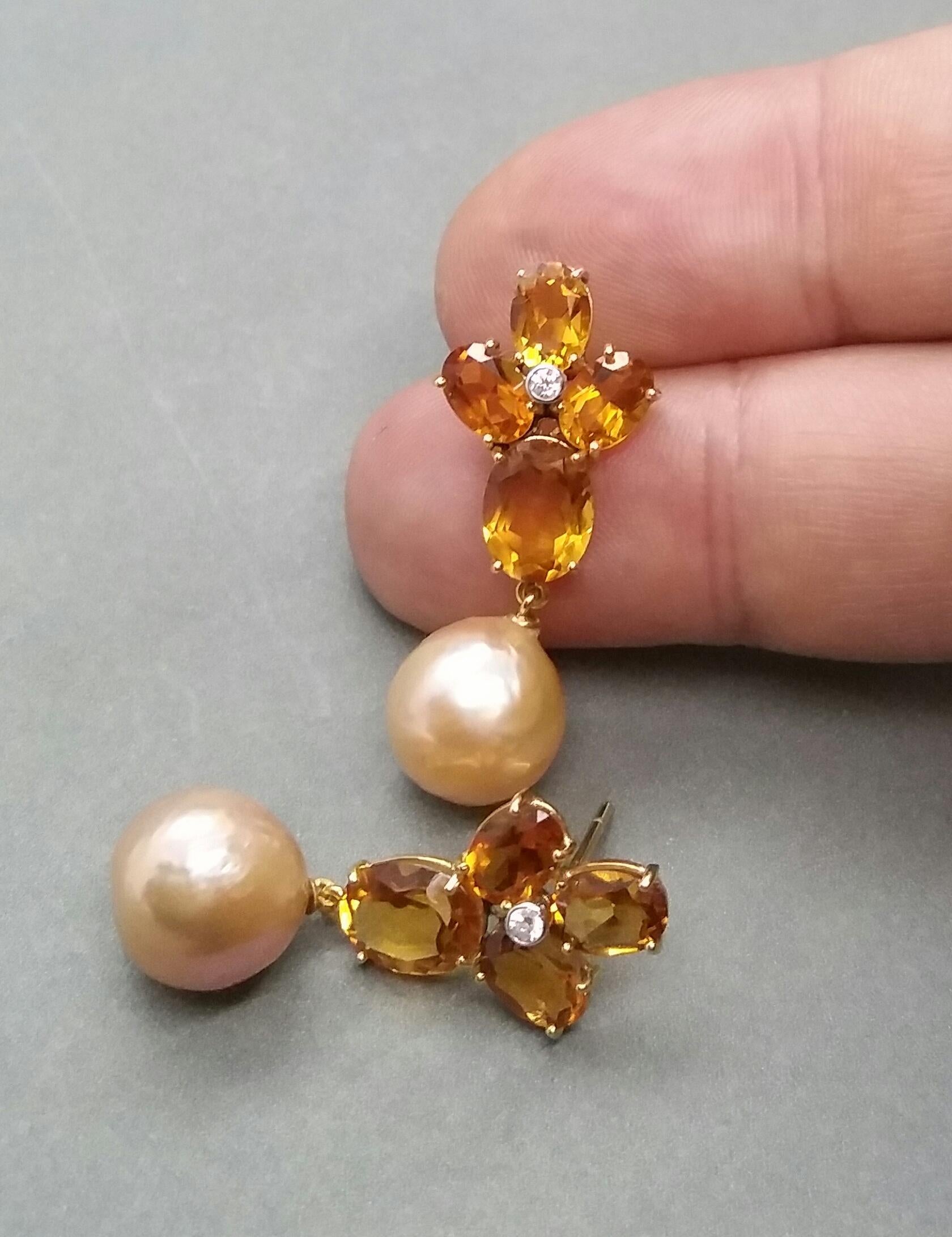 Oval Cut Oval Faceted Citrine Gold Diamonds Natural Cream Color Baroque Pearls Earrings For Sale