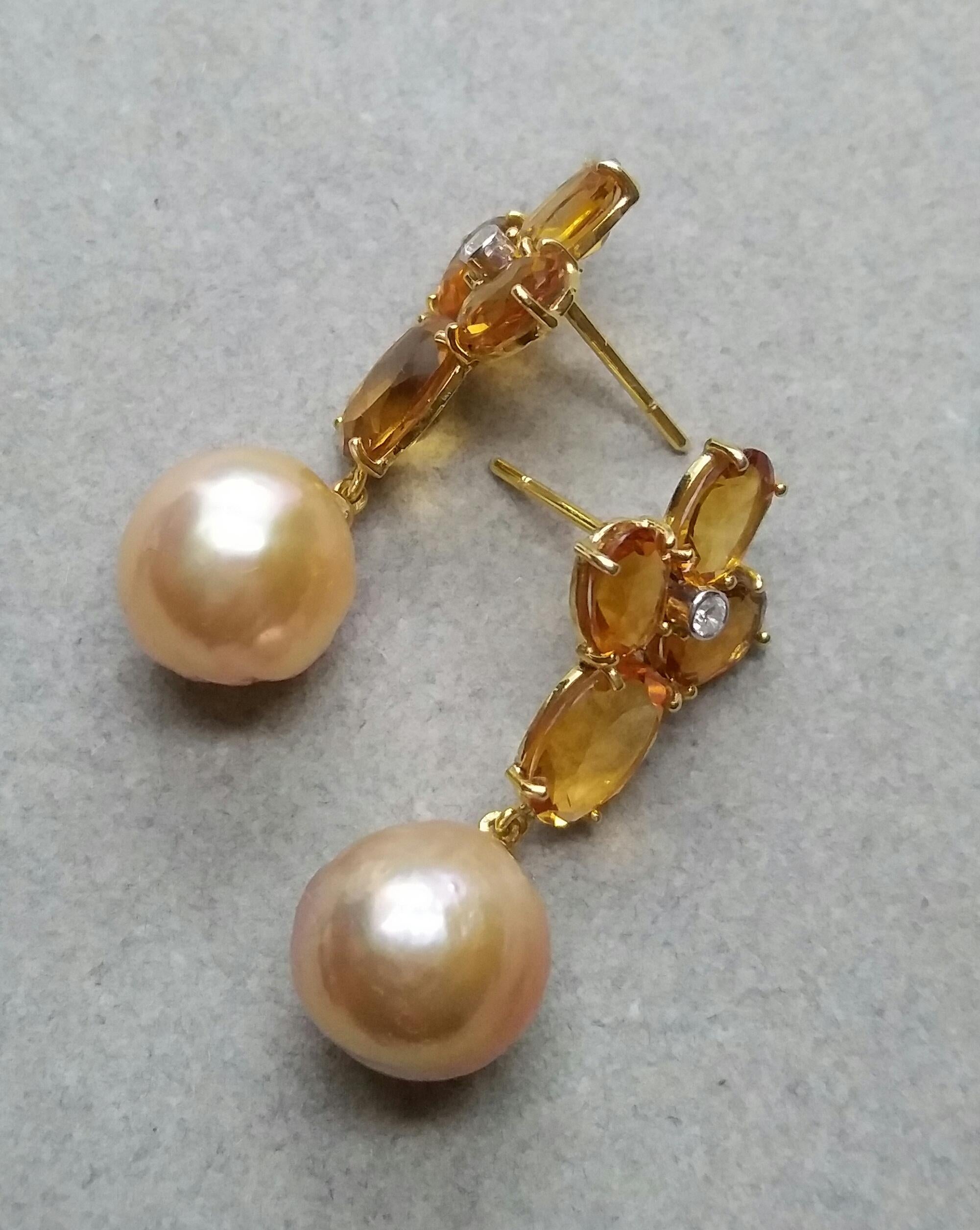 Contemporary Oval Faceted Citrine Gold Diamonds Natural Cream Color Baroque Pearls Earrings