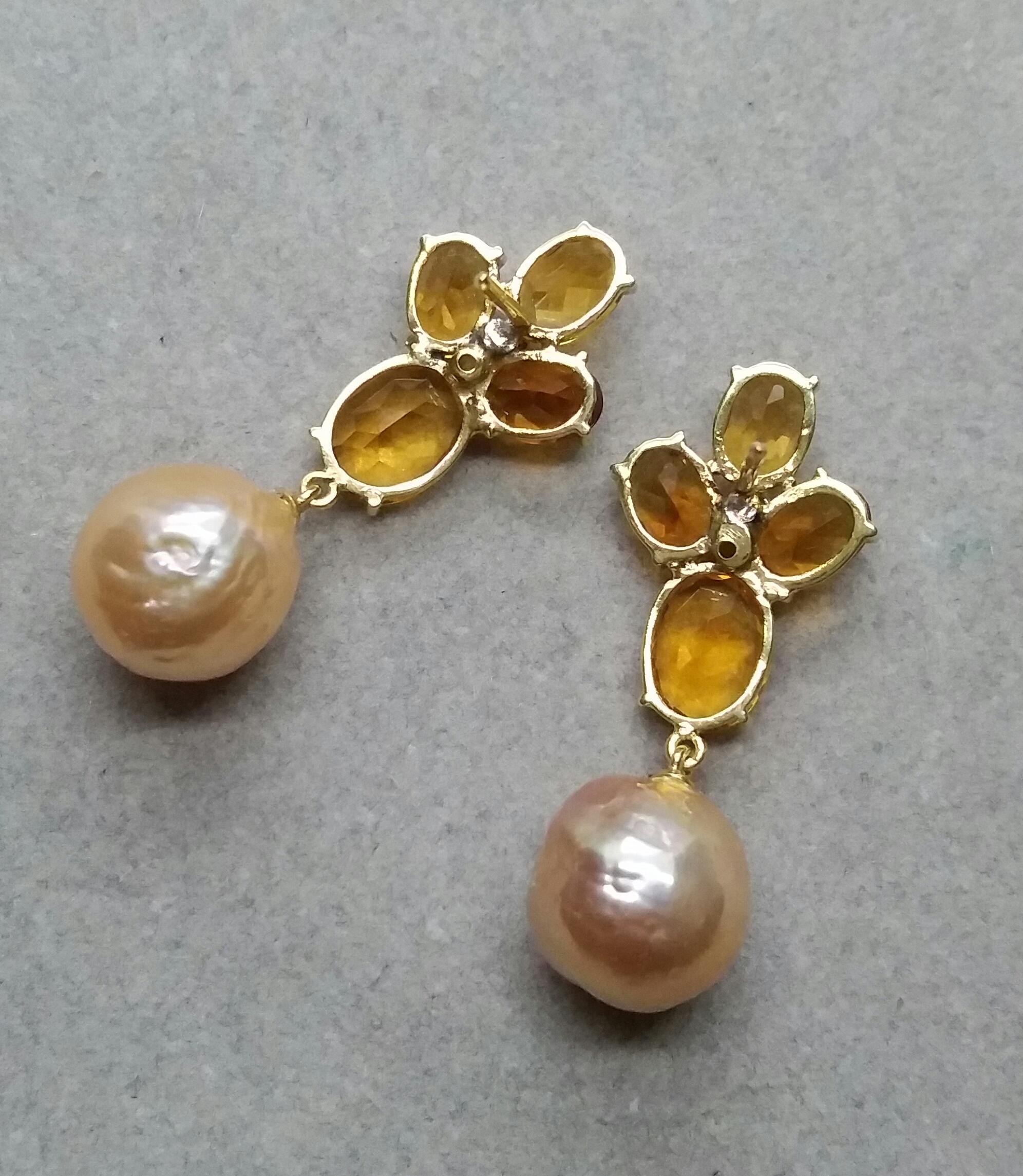 Oval Cut Oval Faceted Citrine Gold Diamonds Natural Cream Color Baroque Pearls Earrings