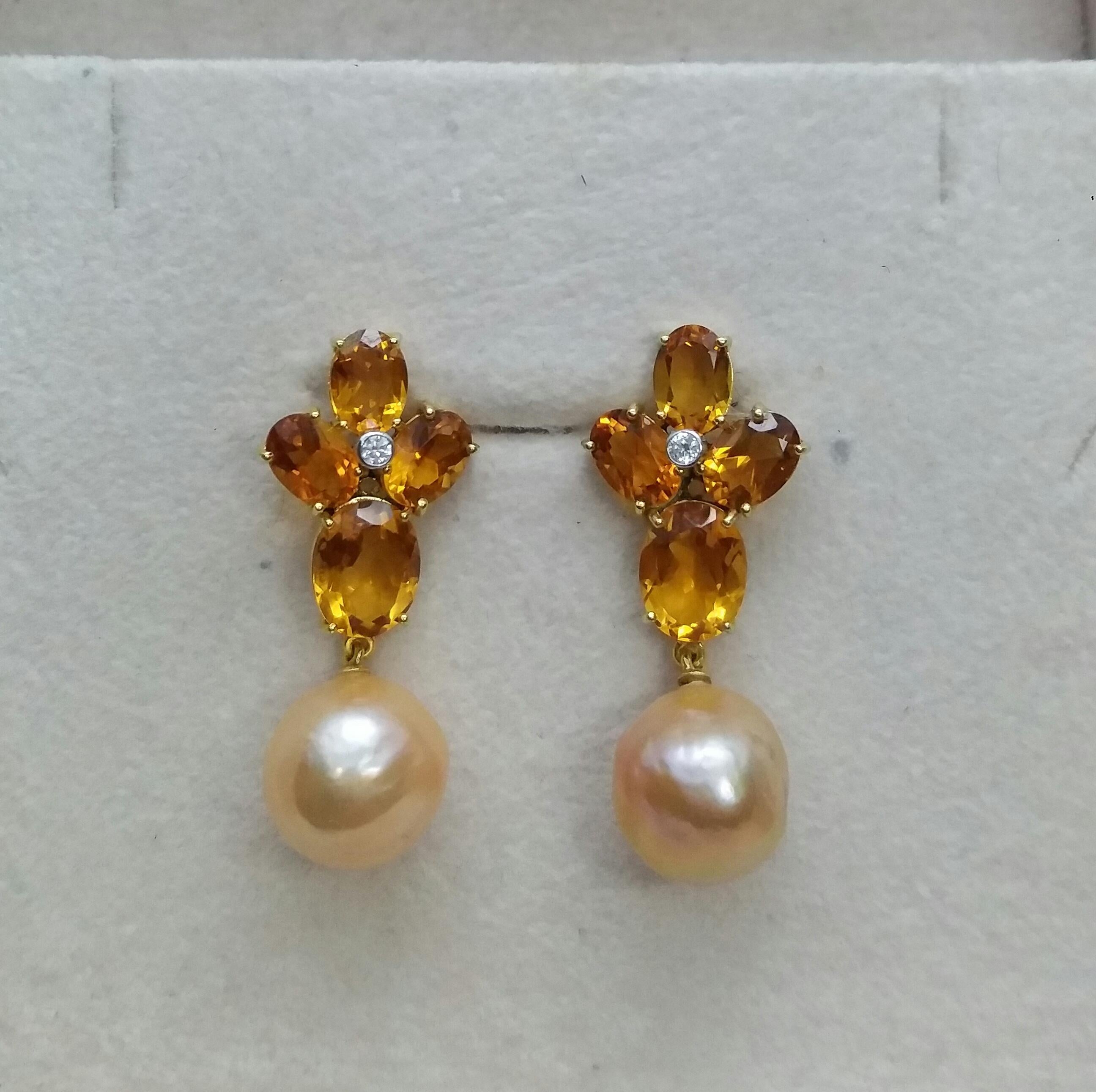 Oval Faceted Citrine Gold Diamonds Natural Cream Color Baroque Pearls Earrings In Good Condition In Bangkok, TH