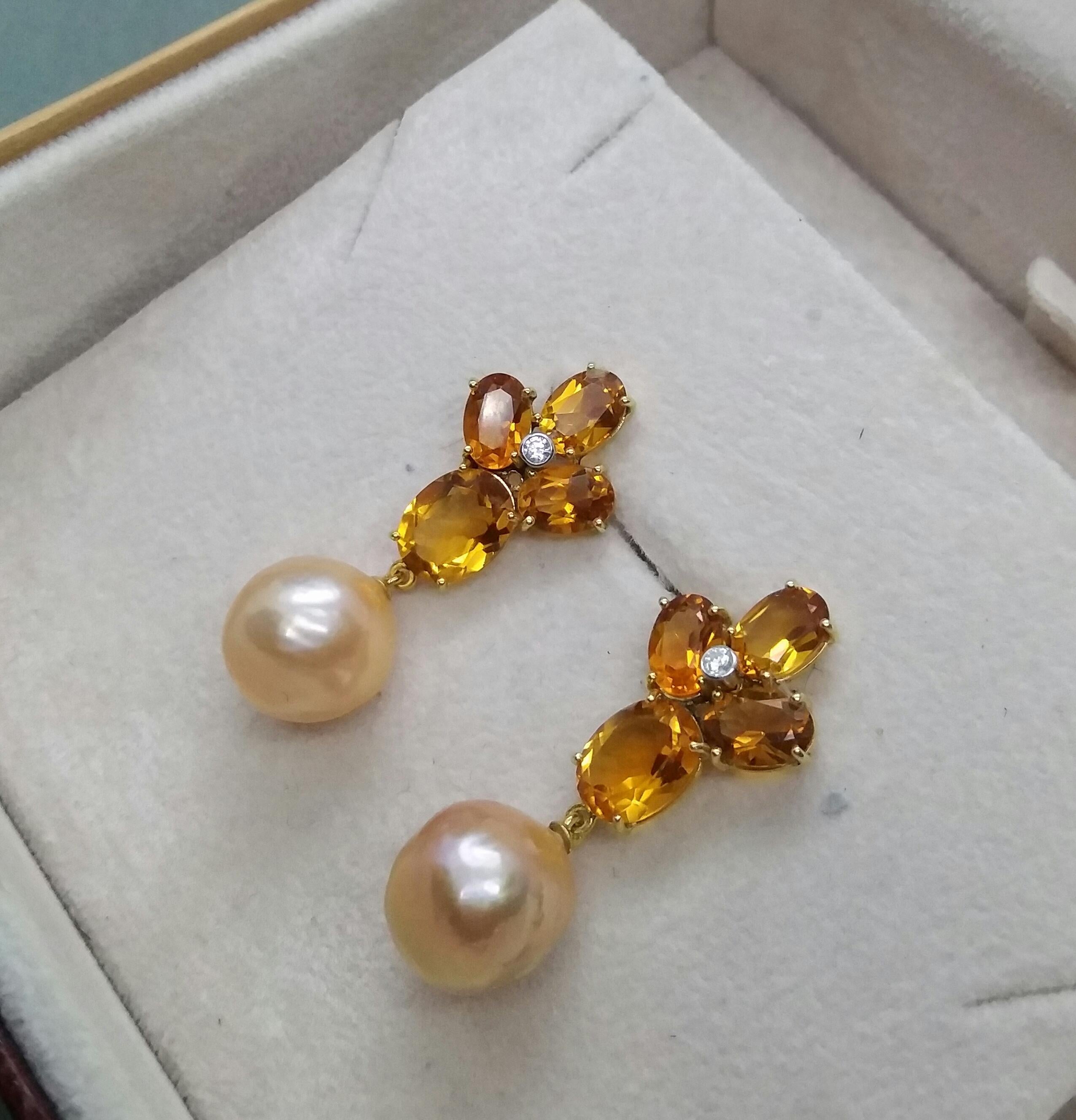 Women's Oval Faceted Citrine Gold Diamonds Natural Cream Color Baroque Pearls Earrings