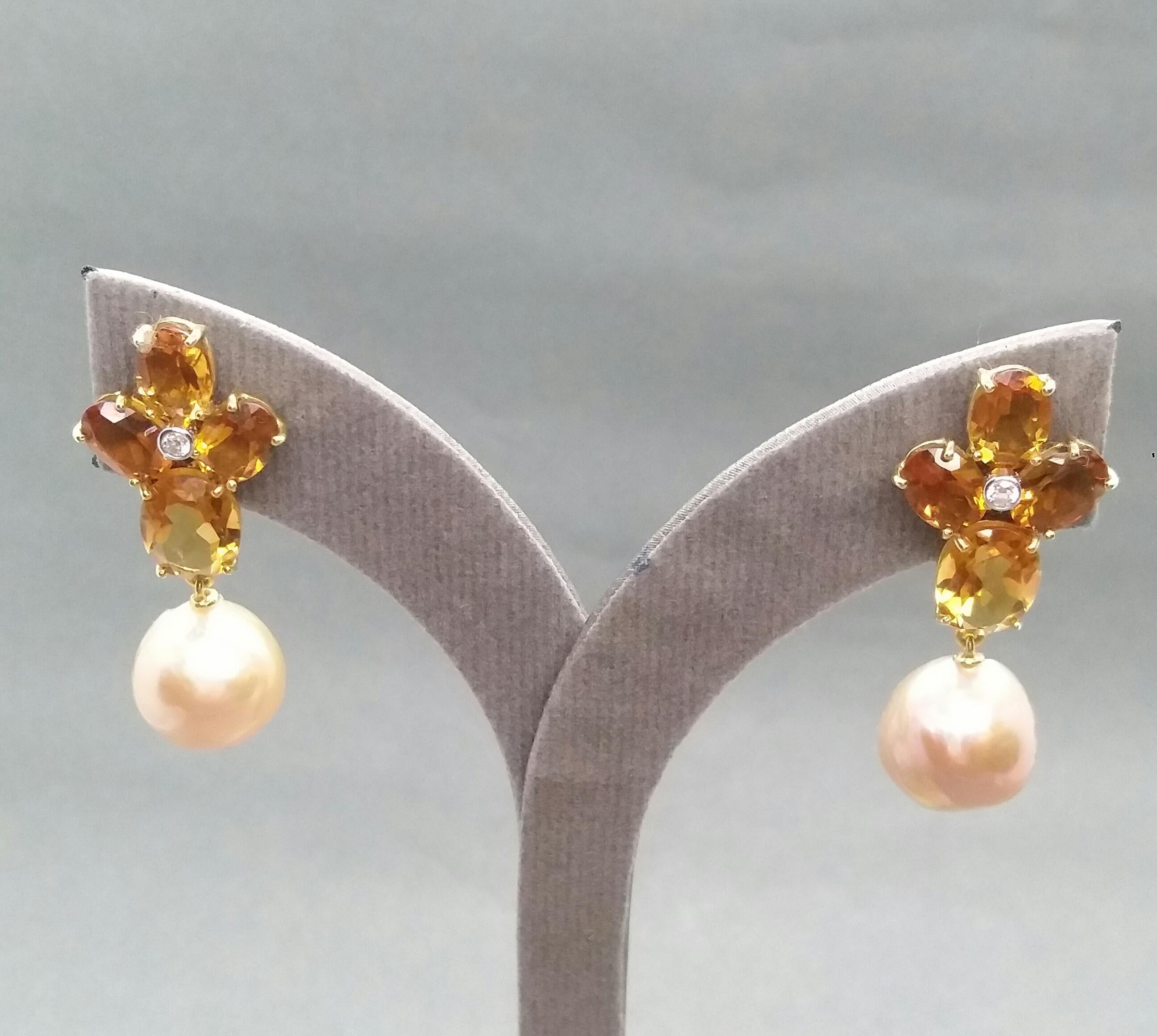 Oval Faceted Citrine Gold Diamonds Natural Cream Color Baroque Pearls Earrings 1