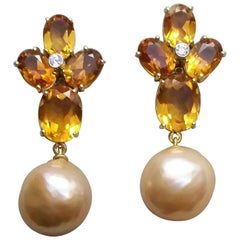 Oval Faceted Citrine Gold Diamonds Natural Cream Color Baroque Pearls Earrings