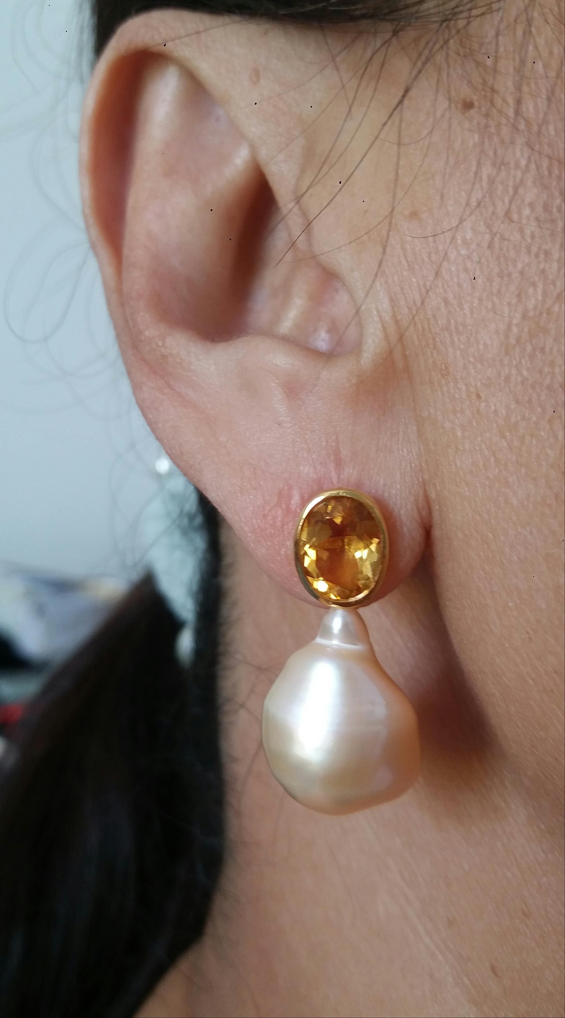 Oval Faceted Cognac Color Citrine Cream Baroque Pearl Yellow Gold Stud Earrings For Sale 4