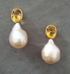 Oval Faceted Cognac Color Citrine Cream Baroque Pearl Yellow Gold Stud Earrings