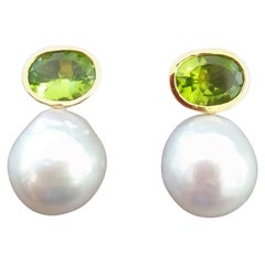 Pendientes Ovalados Facetados Peridoto Oro Amarillo 14 Kilates Bisel Perlas Barrocas