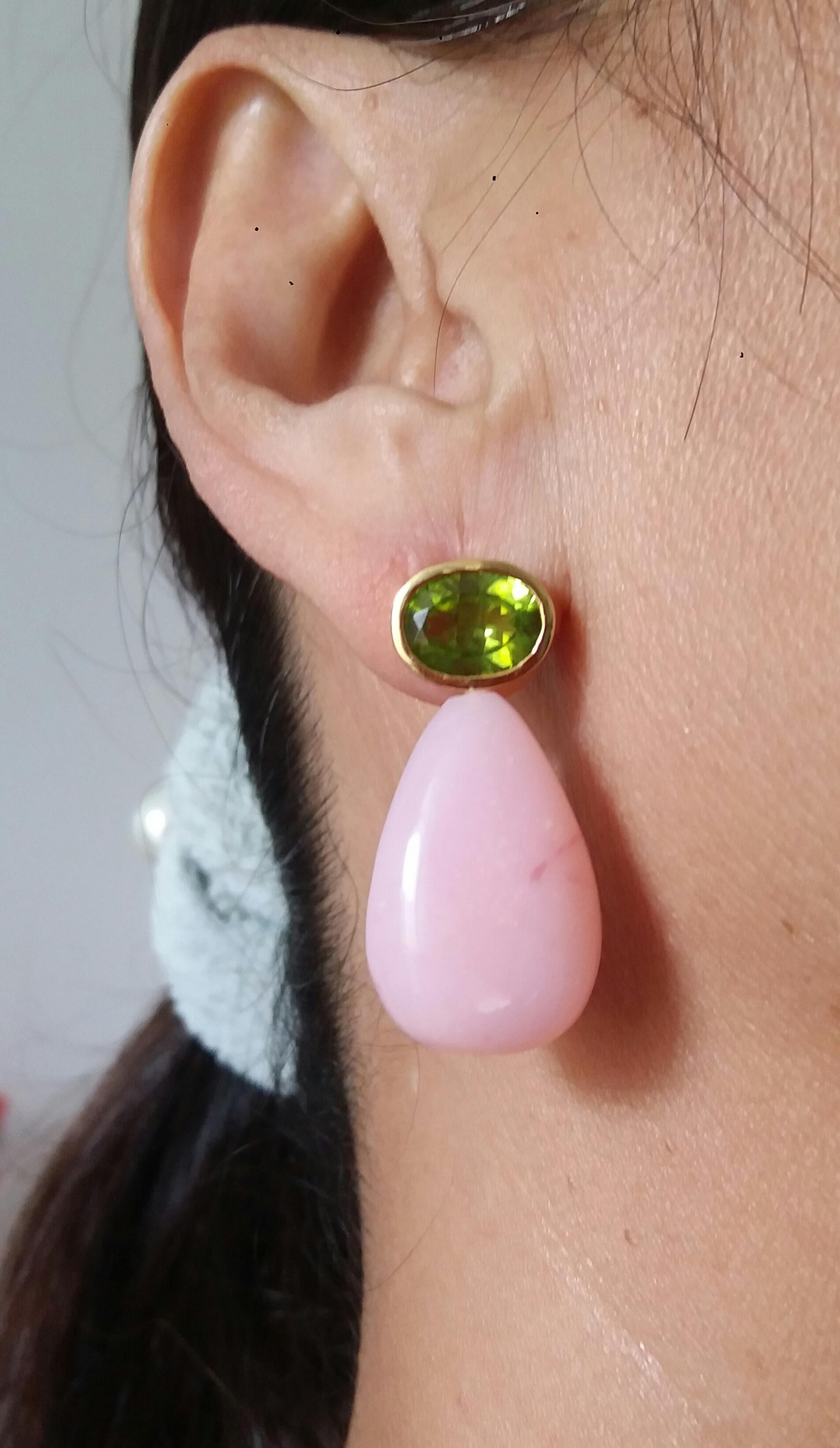 Oval Faceted Peridot 14 Karat Yellow Gold Bezel Pink Opal Plain Drops Earrings For Sale 7
