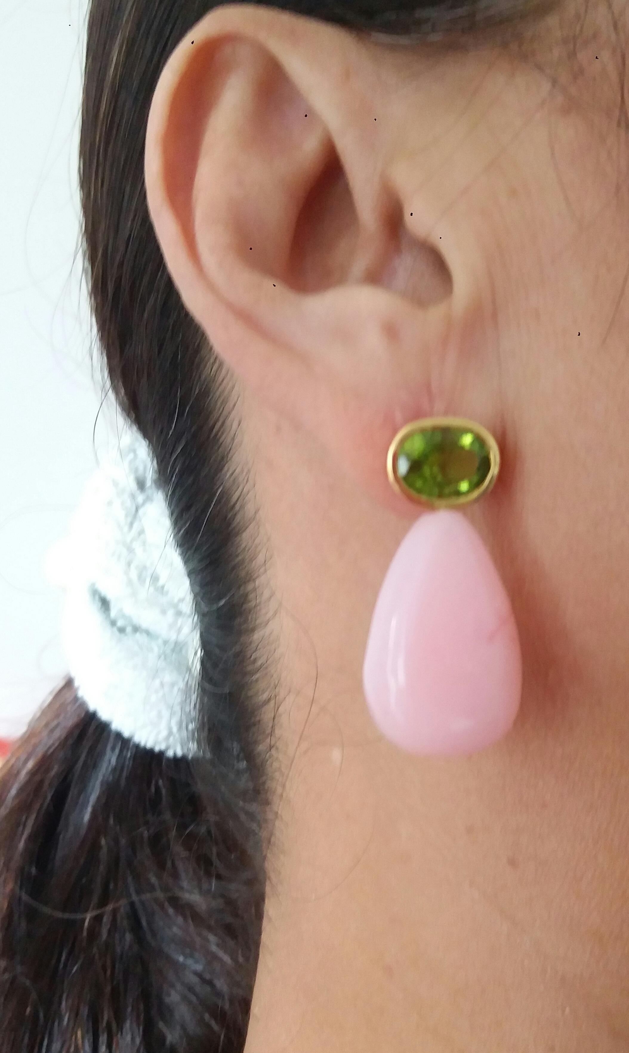 Oval Faceted Peridot 14 Karat Yellow Gold Bezel Pink Opal Plain Drops Earrings For Sale 9