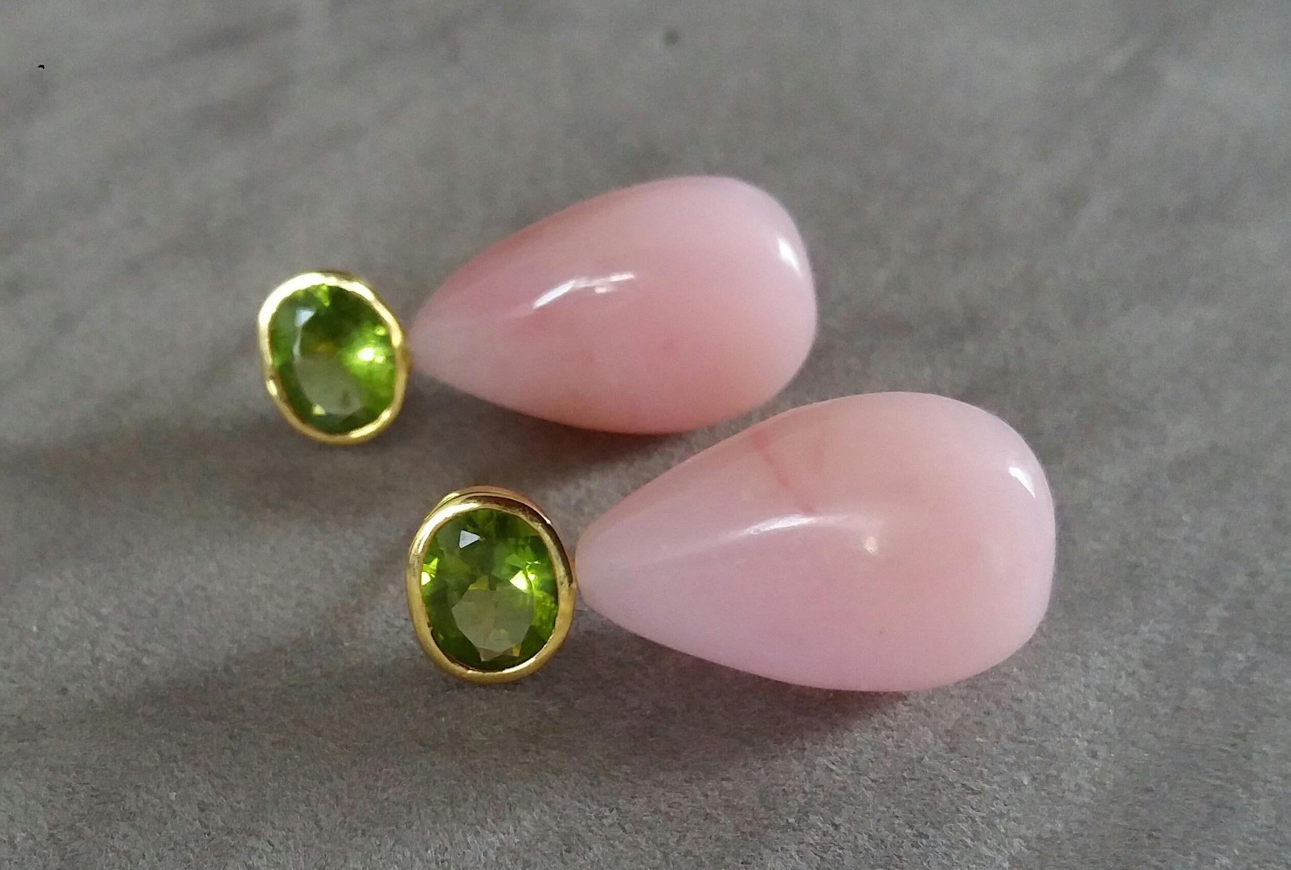 Mixed Cut Oval Faceted Peridot 14 Karat Yellow Gold Bezel Pink Opal Plain Drops Earrings For Sale