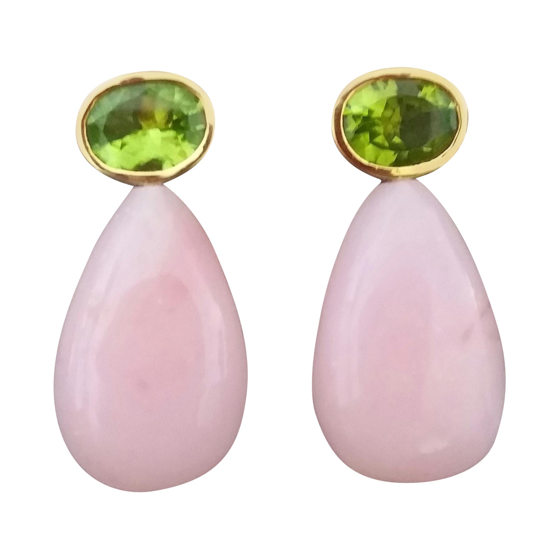 Oval Faceted Peridot 14 Karat Yellow Gold Bezel Pink Opal Plain Drops Earrings For Sale