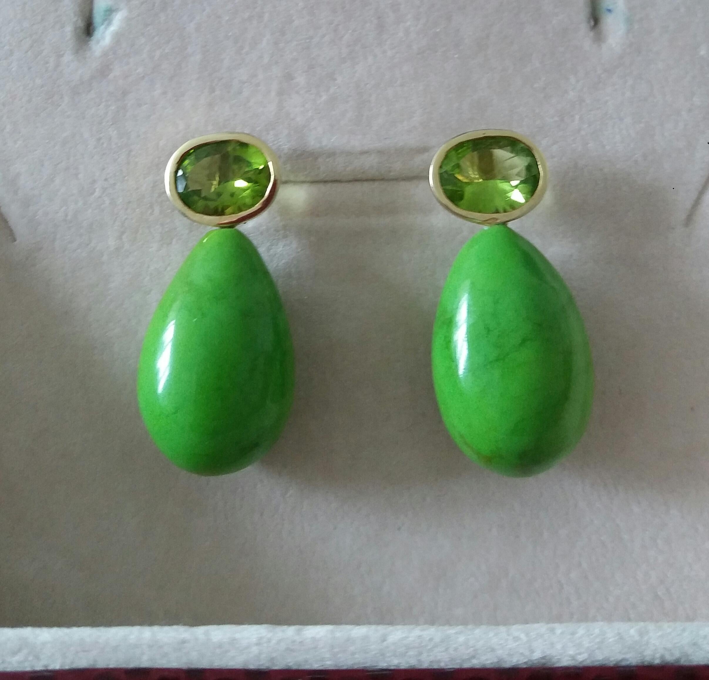 Oval Faceted Peridot 14K Gold Green Turkmenistan Turquoise Round Drop Earrings For Sale 4