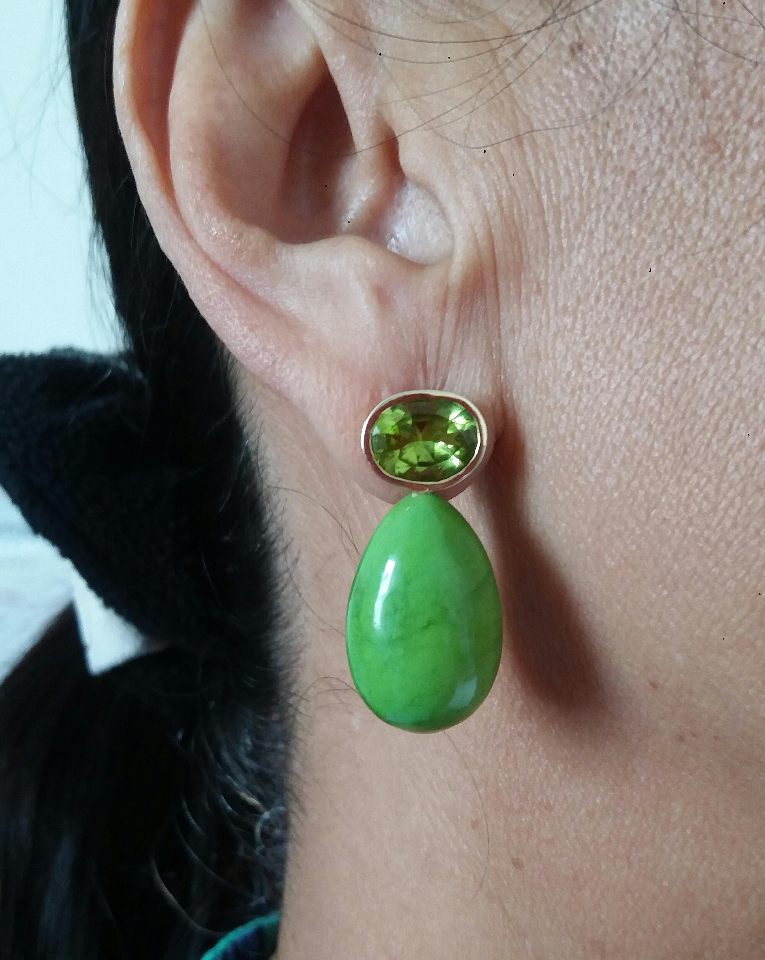 Oval Faceted Peridot 14K Gold Green Turkmenistan Turquoise Round Drop Earrings For Sale 6