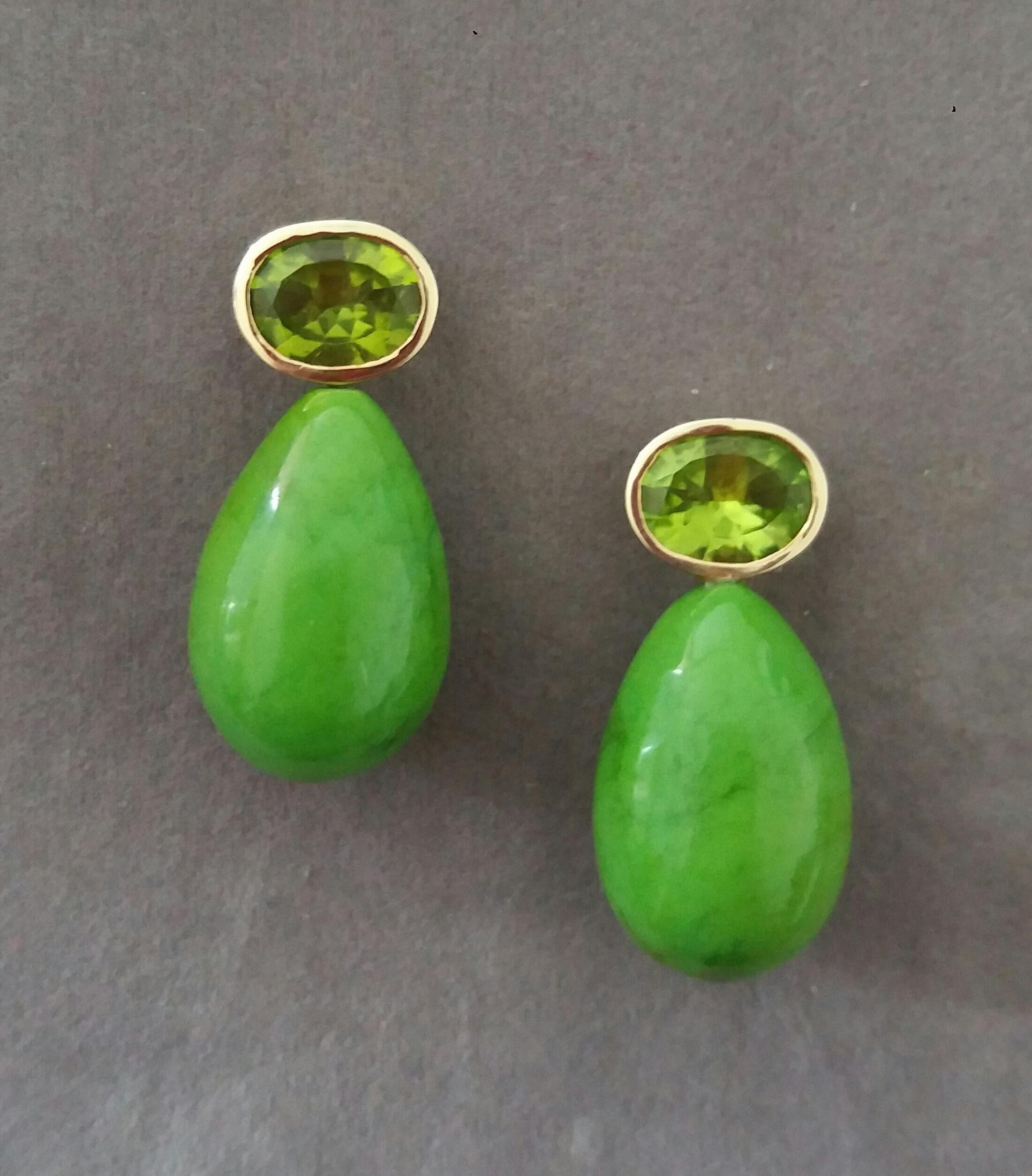 Arts and Crafts Oval Faceted Peridot 14K Gold Green Turkmenistan Turquoise Round Drop Earrings For Sale