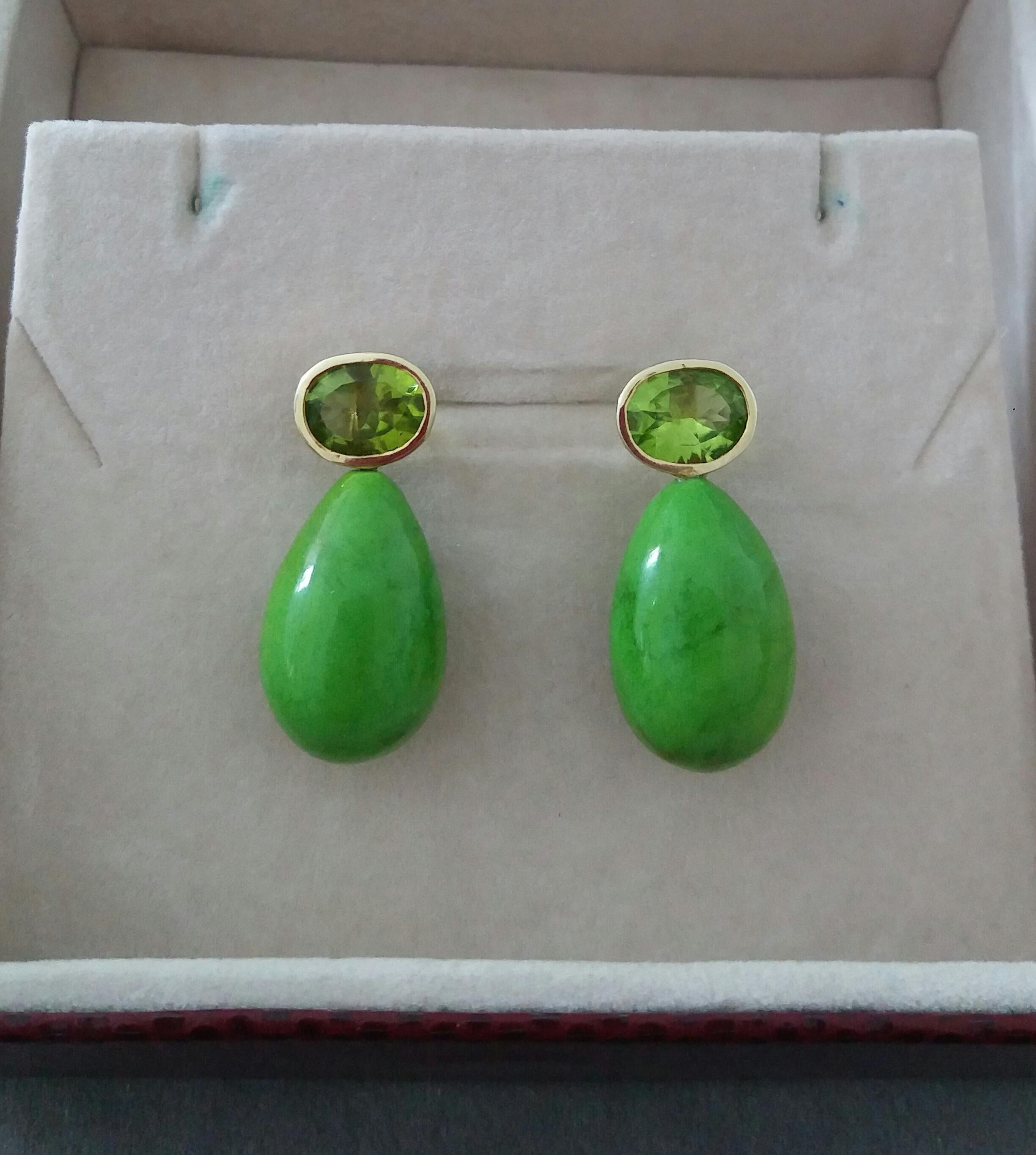 Oval Faceted Peridot 14K Gold Green Turkmenistan Turquoise Round Drop Earrings For Sale 3