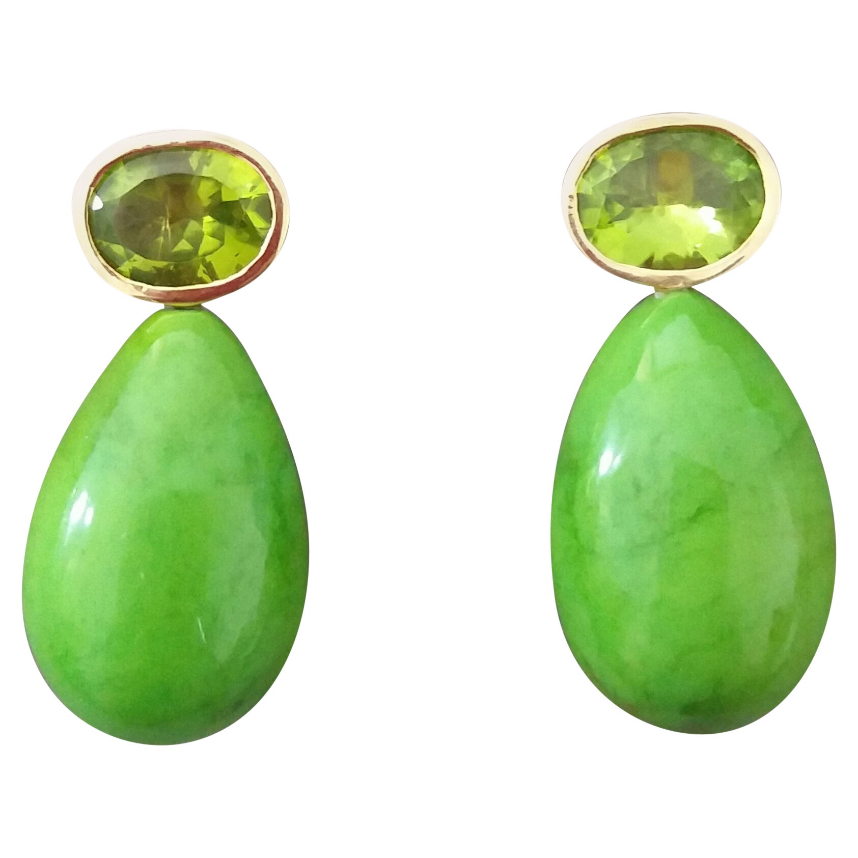 Boucles d'oreilles en goutte rondes en or 14 carats avec péridot ovale facetté et turquoise du Turkmenistan