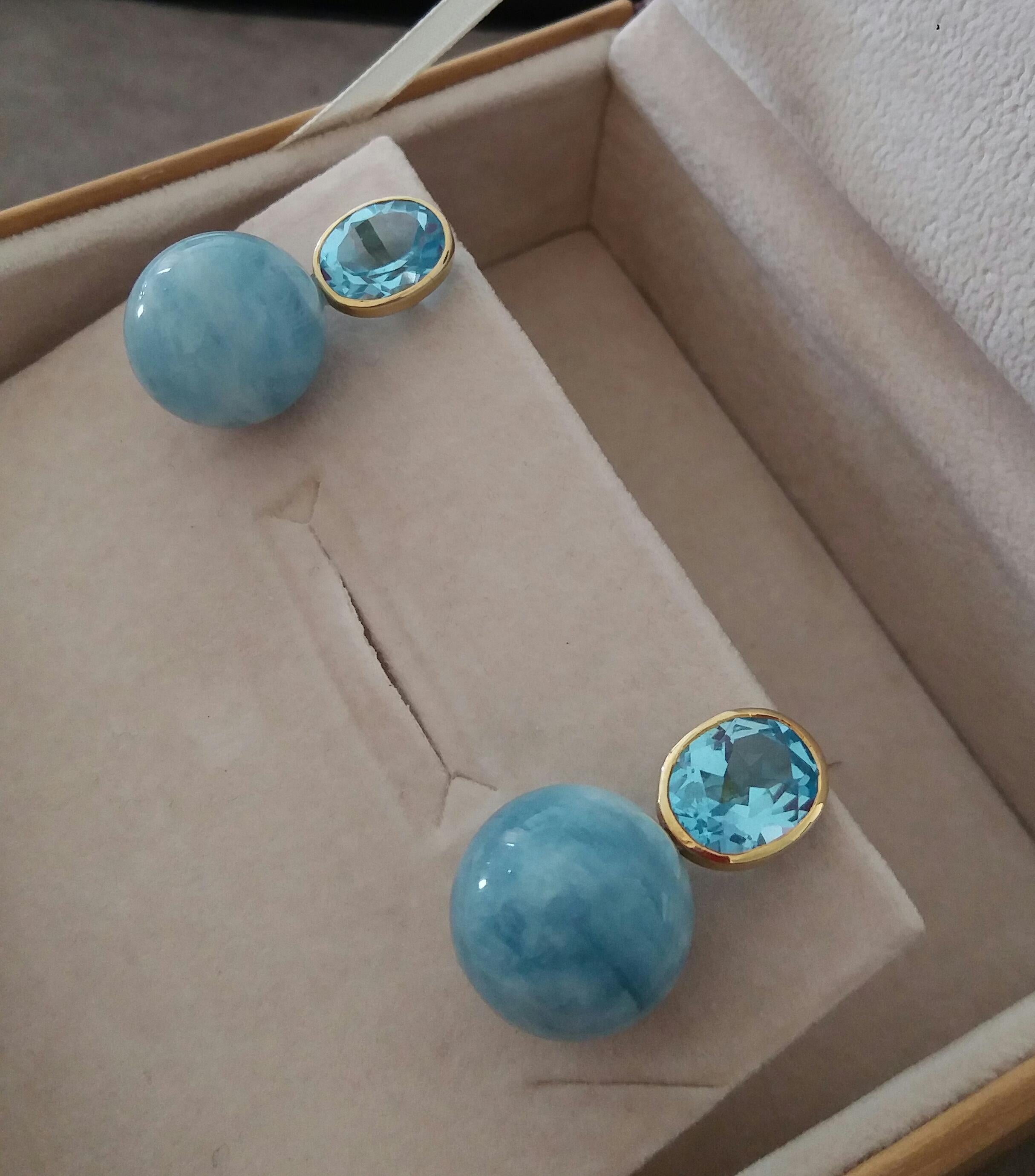 Oval Faceted Sky Blue Topaz 14k Gold Aquamarine Plain Round Beads Stud Earrings For Sale 4