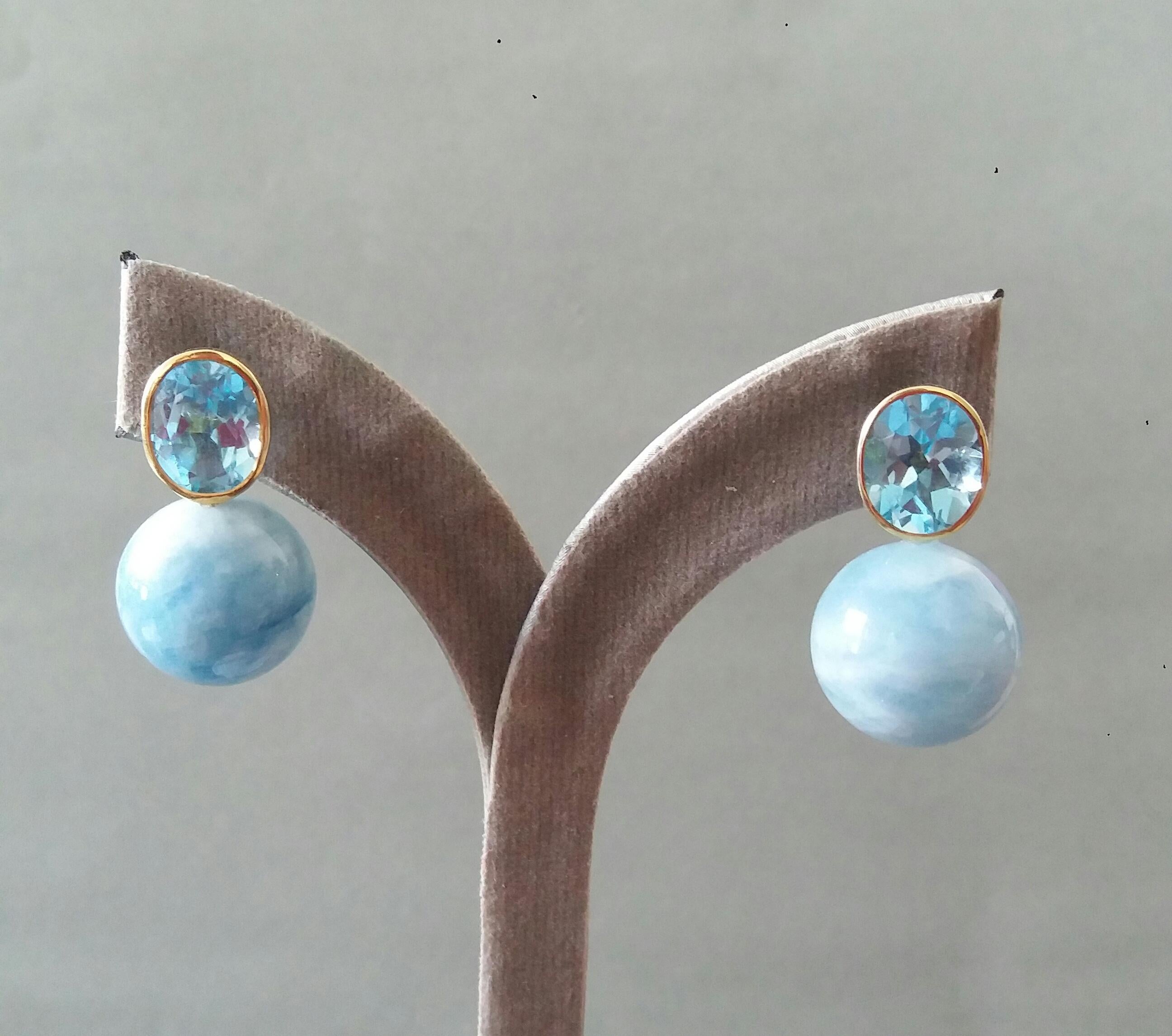 Oval Faceted Sky Blue Topaz 14k Gold Aquamarine Plain Round Beads Stud Earrings For Sale 5