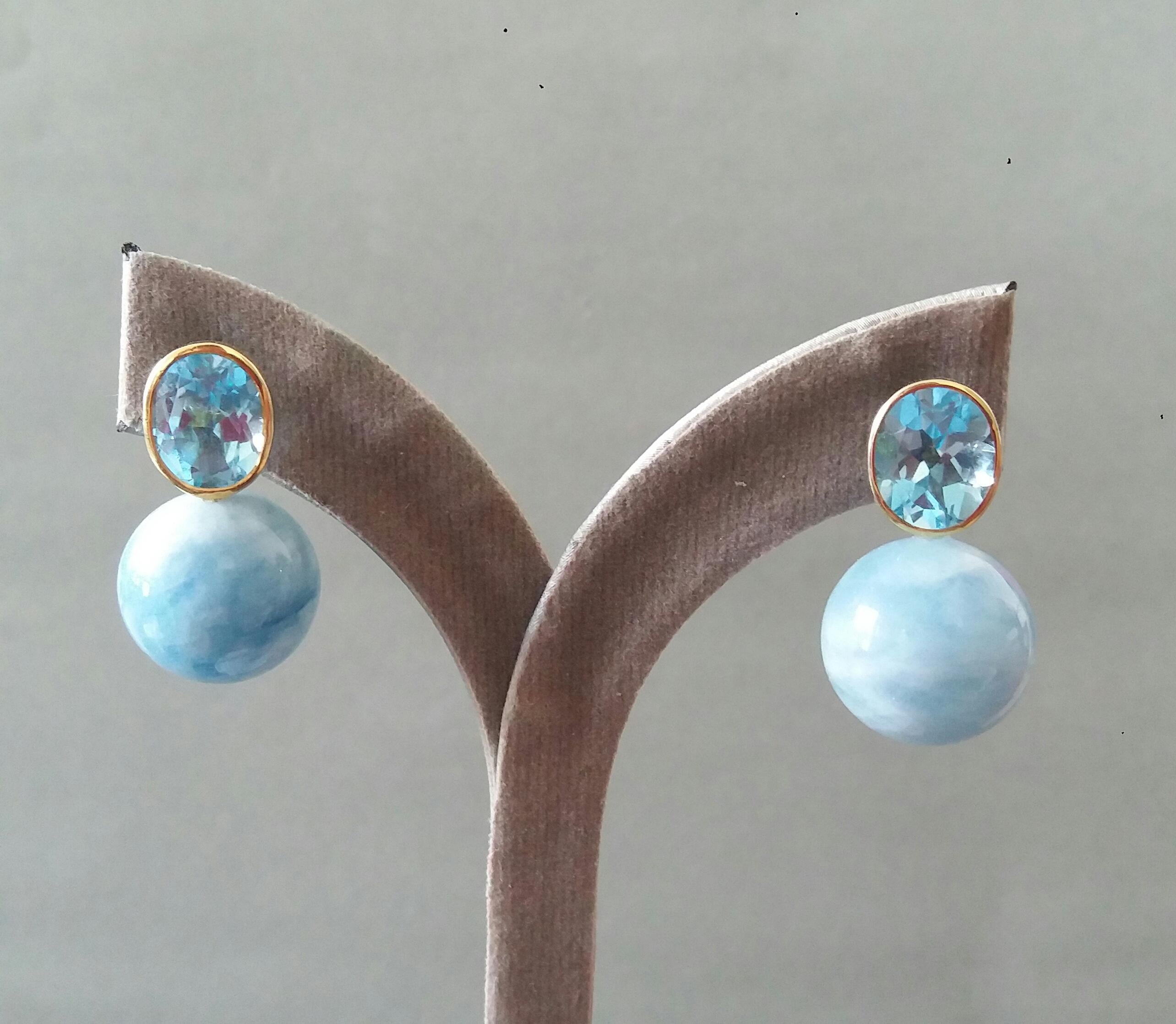 Oval Faceted Sky Blue Topaz 14k Gold Aquamarine Plain Round Beads Stud Earrings 6