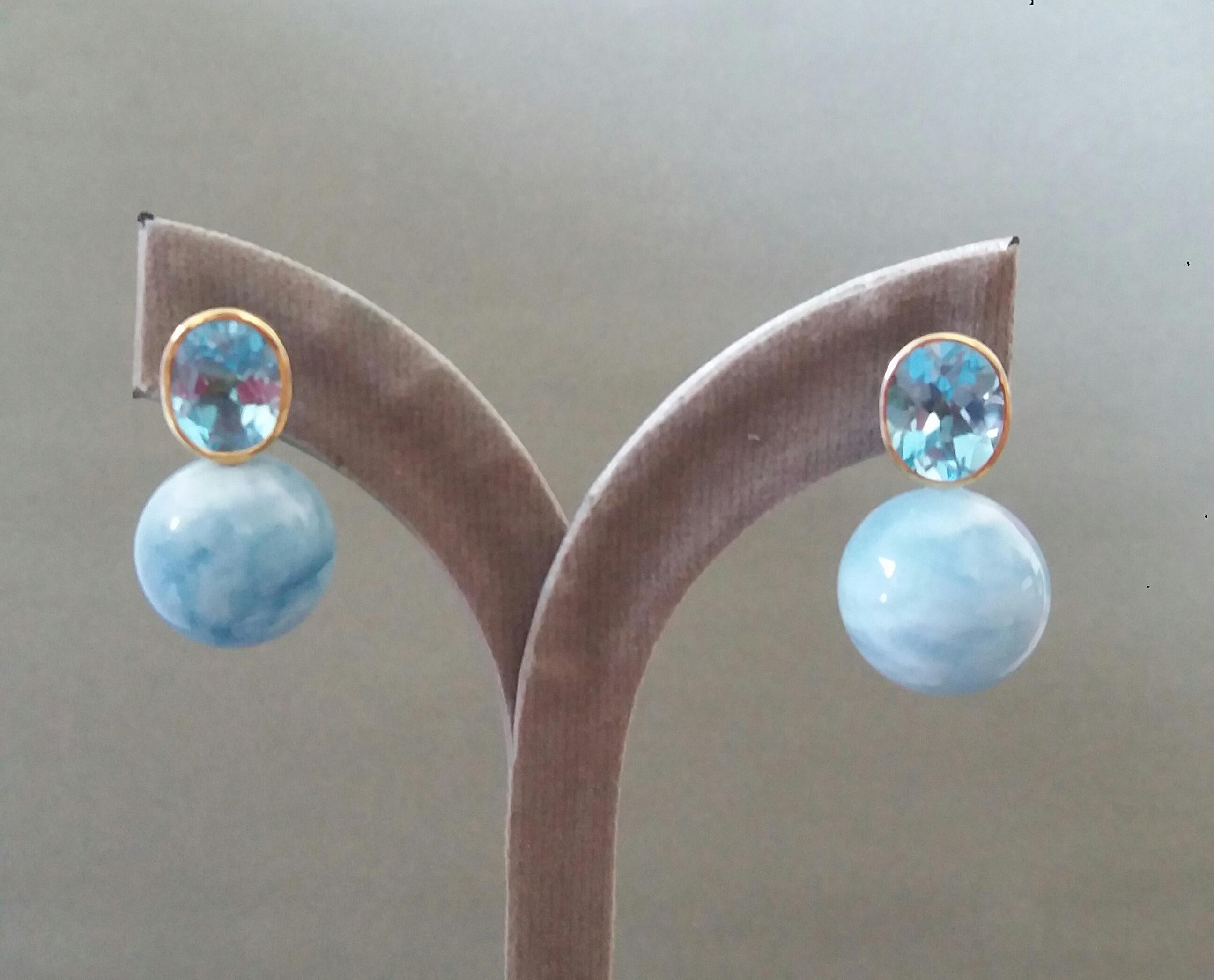 Oval Faceted Sky Blue Topaz 14k Gold Aquamarine Plain Round Beads Stud Earrings 7